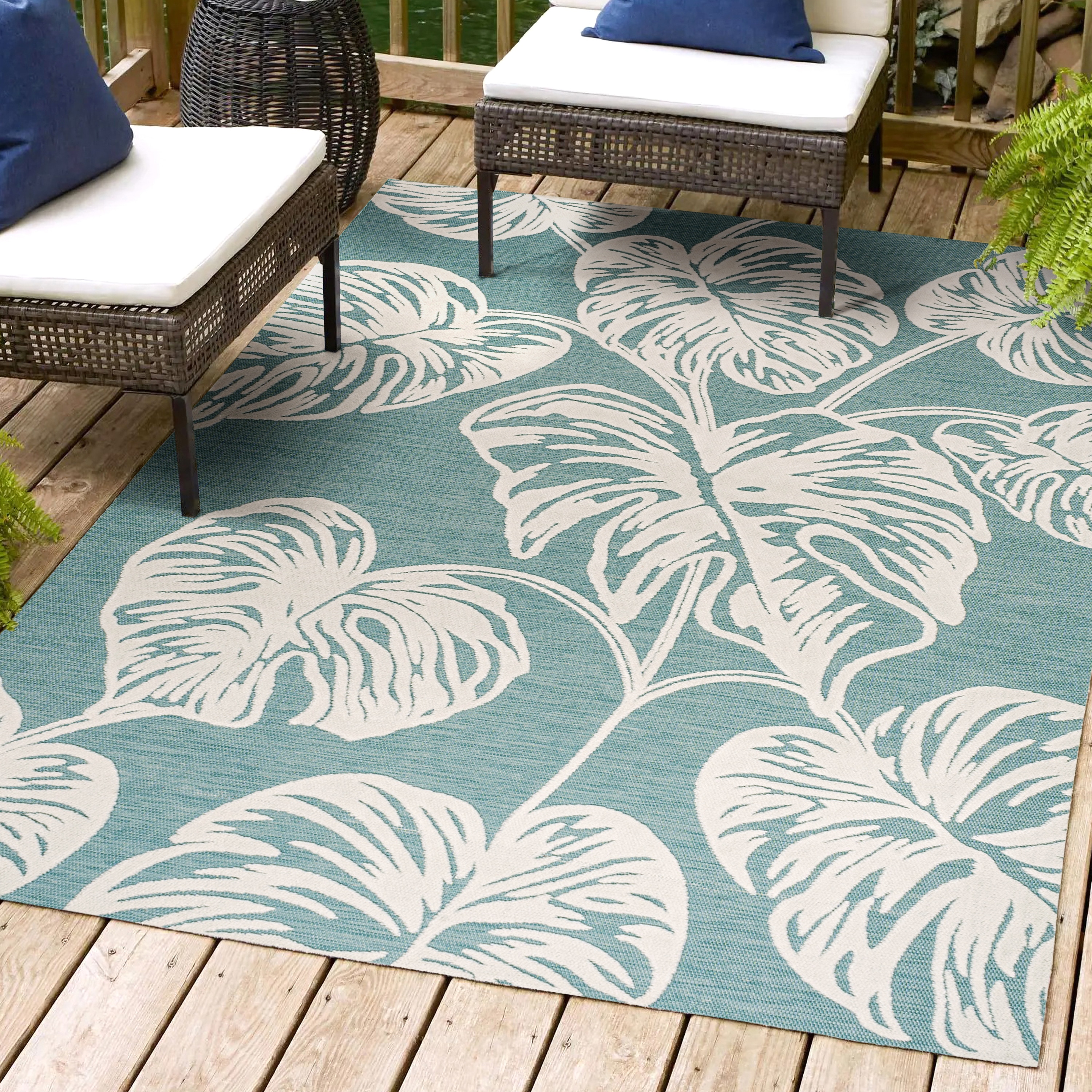 JONATHAN  Y HWC100C-8 Hawaii Tobago High-Low Two-Tone Monstera Leaf 8 x 10 (ft) Loomed Polypropylene Blue/Ivory Rectangular Indoor/Outdoor Floral/Botanical Coastal Area rug