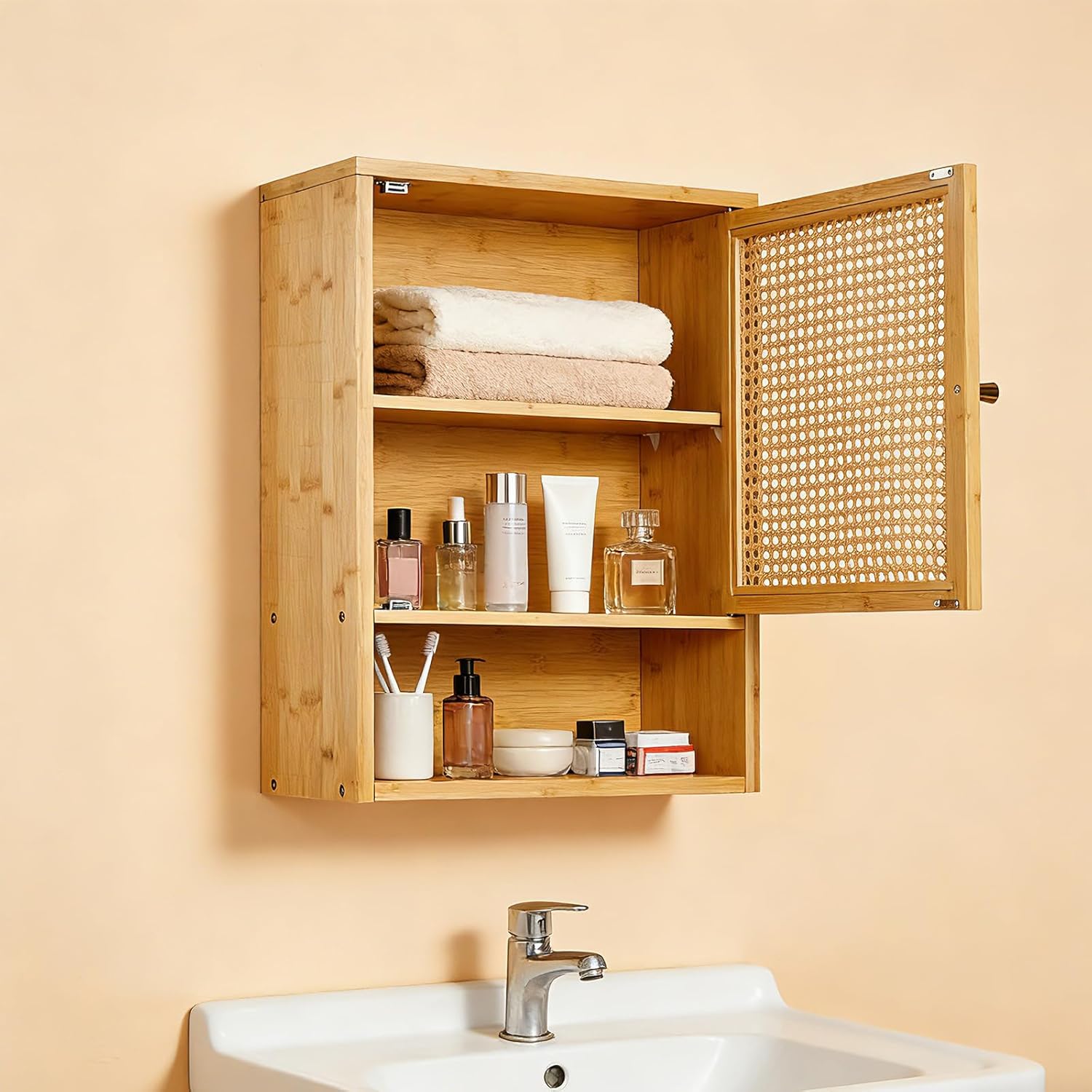 IdealHouse Bathroom Wall Cabinet Wood Rattan Storage with 3 Tier Shelves and Doors 16x8x24 Inch Medicine Cabinet Holds 33lbs for Bathroom Laundry Room and Small Spaces Natural