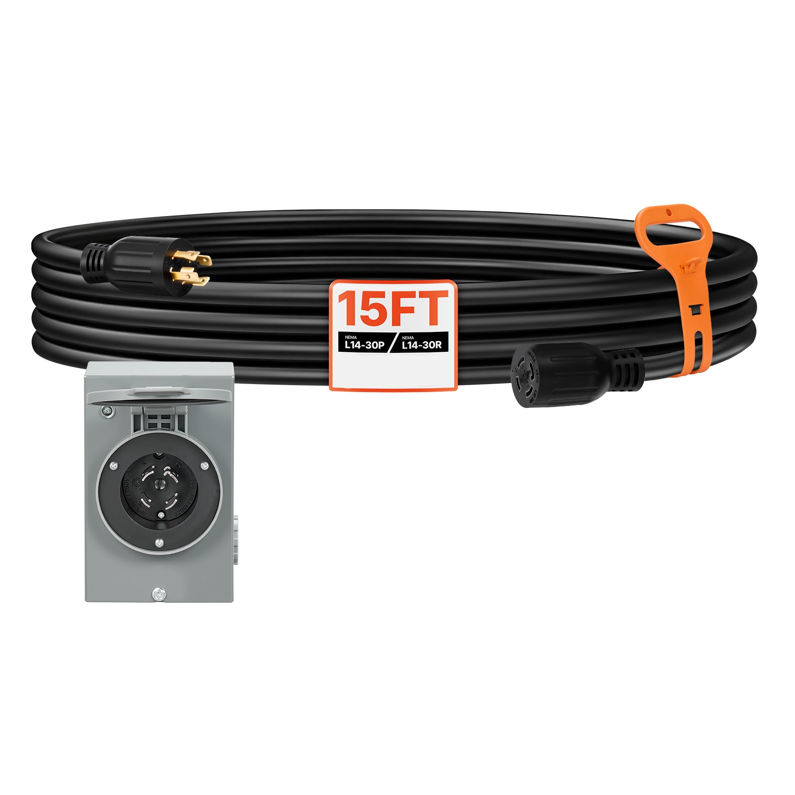 VEVOR - 30 Amp Generator Cord and Power Inlet Box 15 FT 125/250V NEMA L14-30P to L14-30R Heavy Du...