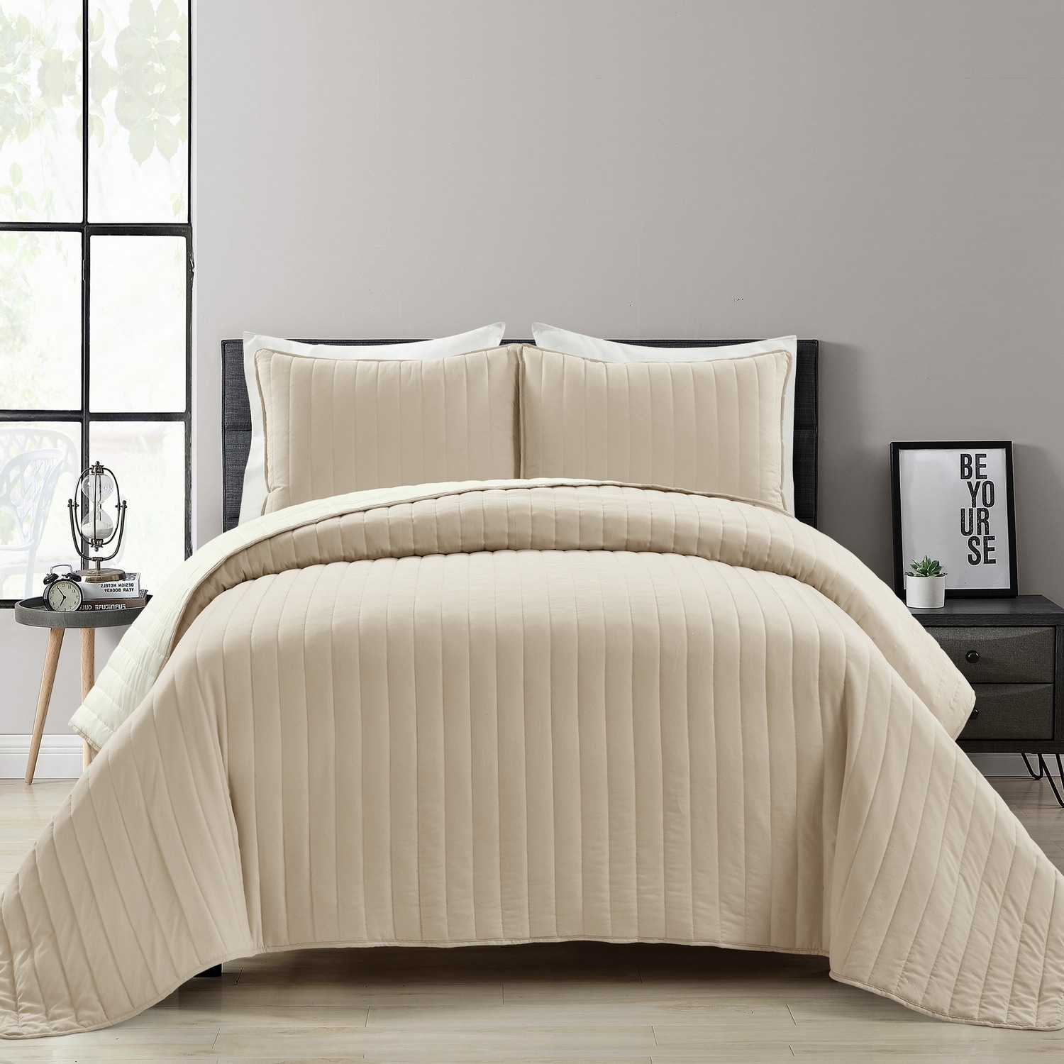 King Neutral Ivory Reversible Microfiber Quilt Set