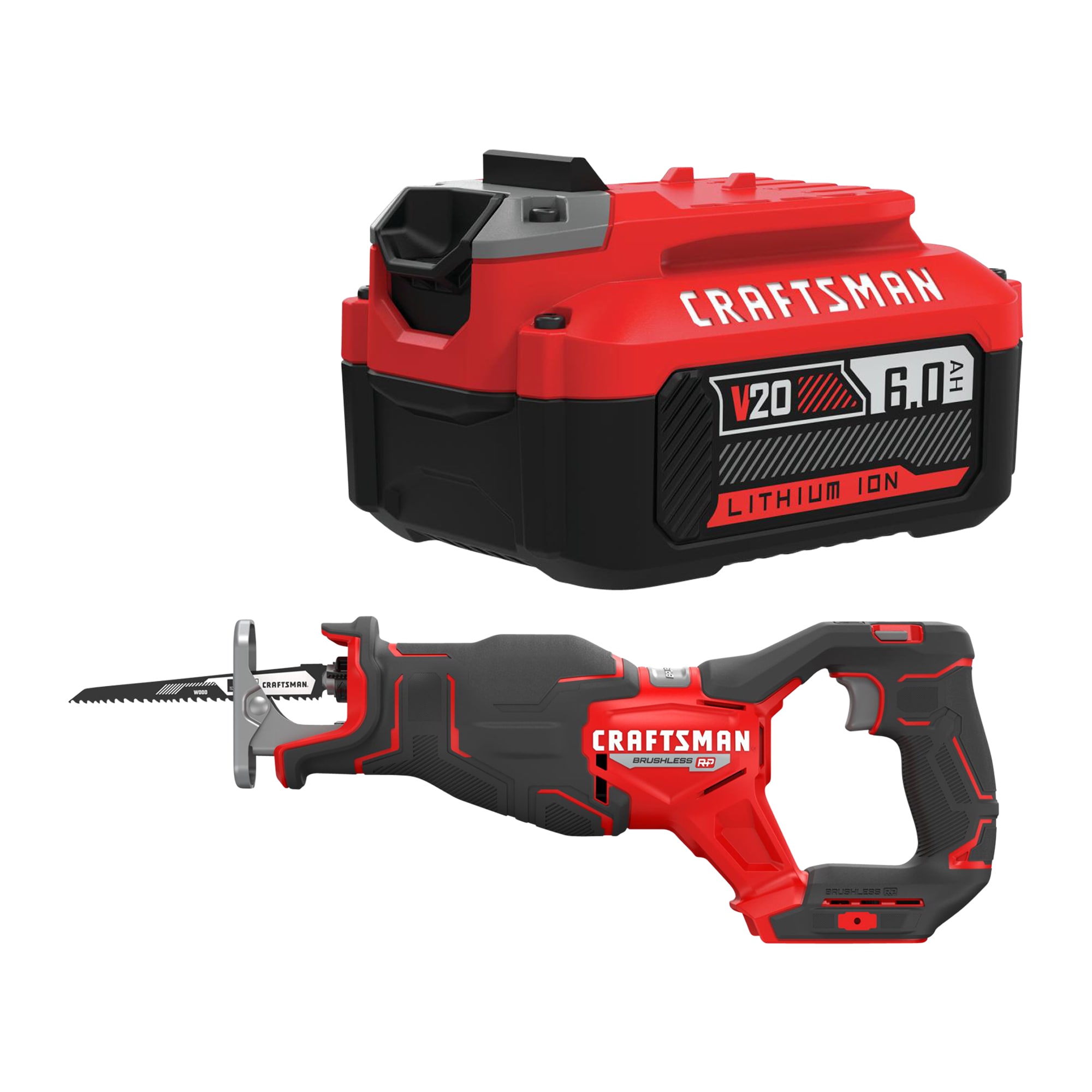 CRAFTSMAN V20 20-volt Max Variable Speed Brushless Cordless Reciprocating Saw & V20 20-Volt Max 6 Amp-Hour Lithium Power Tool Battery
