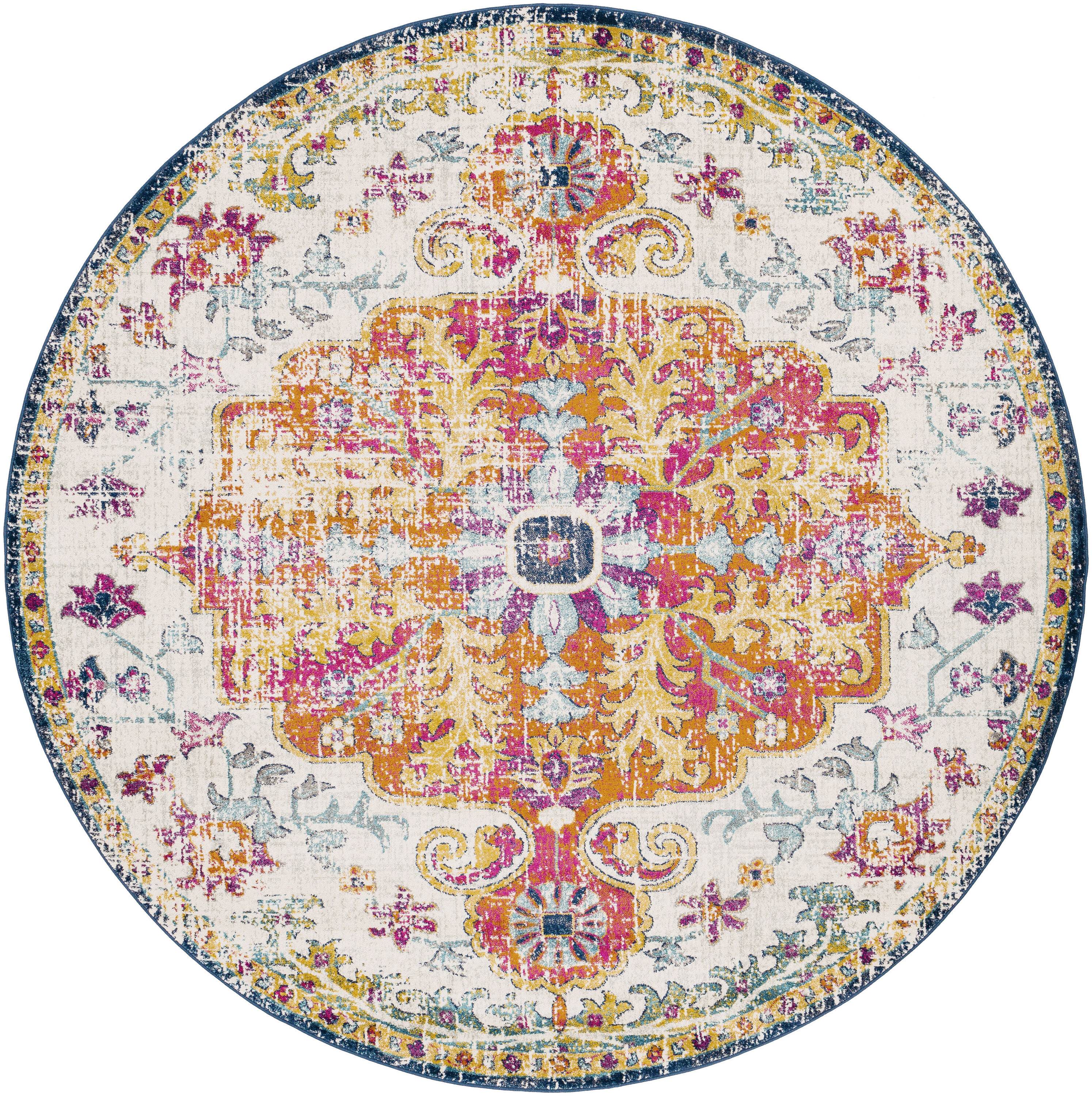 Livabliss HAP1000-710RD Harput 8 x 8 (ft) Polypropylene Orange/Navy Round Indoor Medallion Oriental Area rug