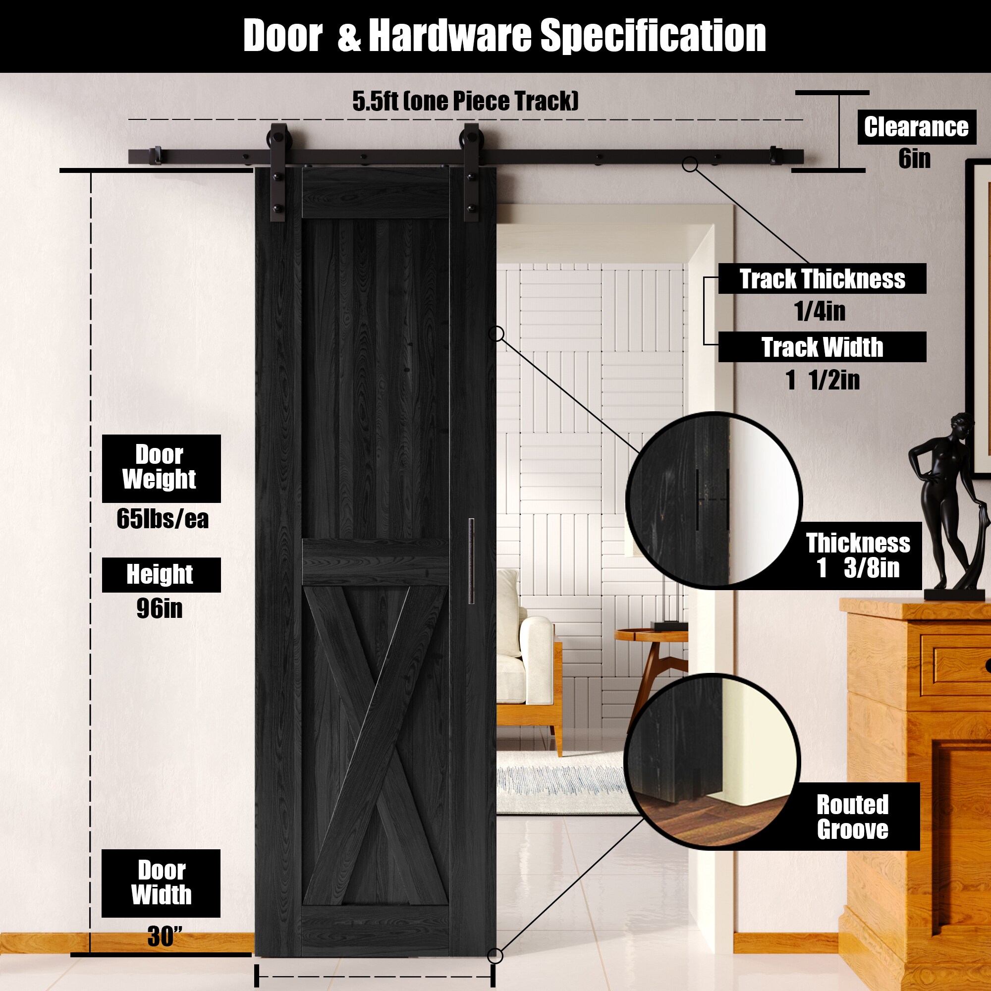 HOMACER YT1TGH066C-3096-X-BK Barn-Doors - View #2
