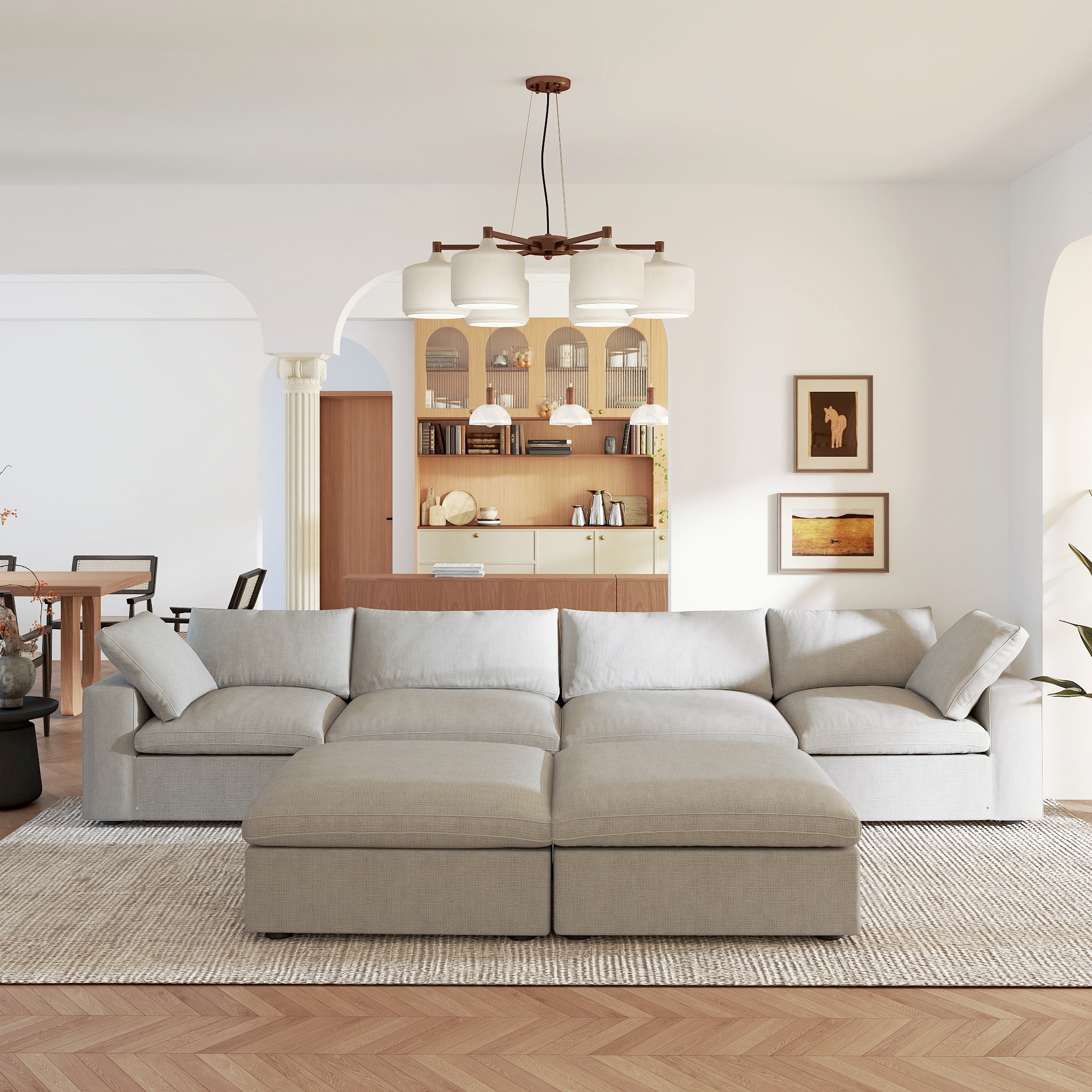 BuotiqHom DH-S4+2-121LG 157-in Modern Gray (4 Seats + 2 Ottoman) Linen 4 -seater Sectional