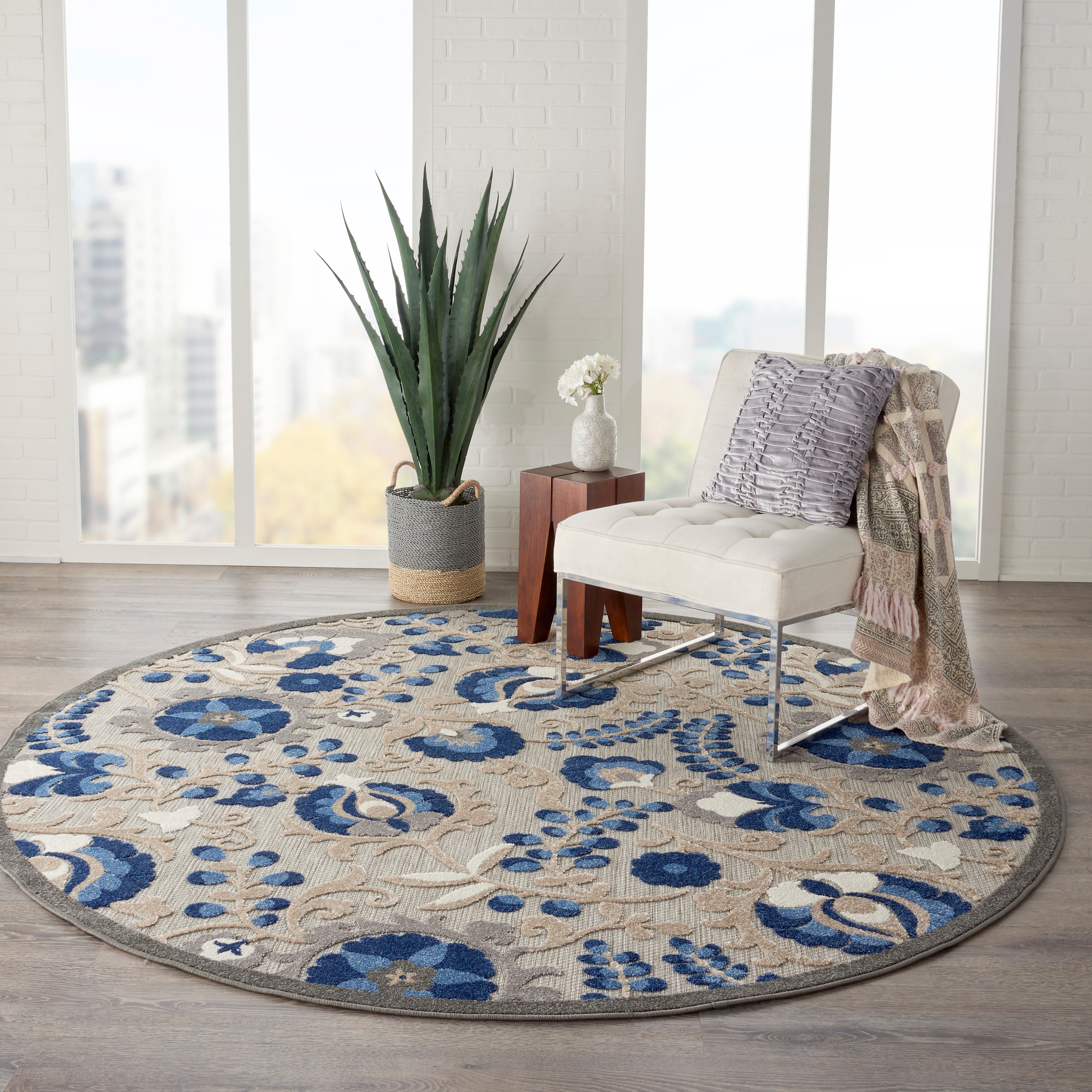 Nourison Aloha 8 X 8 (ft) Natural/Blue Round Indoor/Outdoor Abstract ...