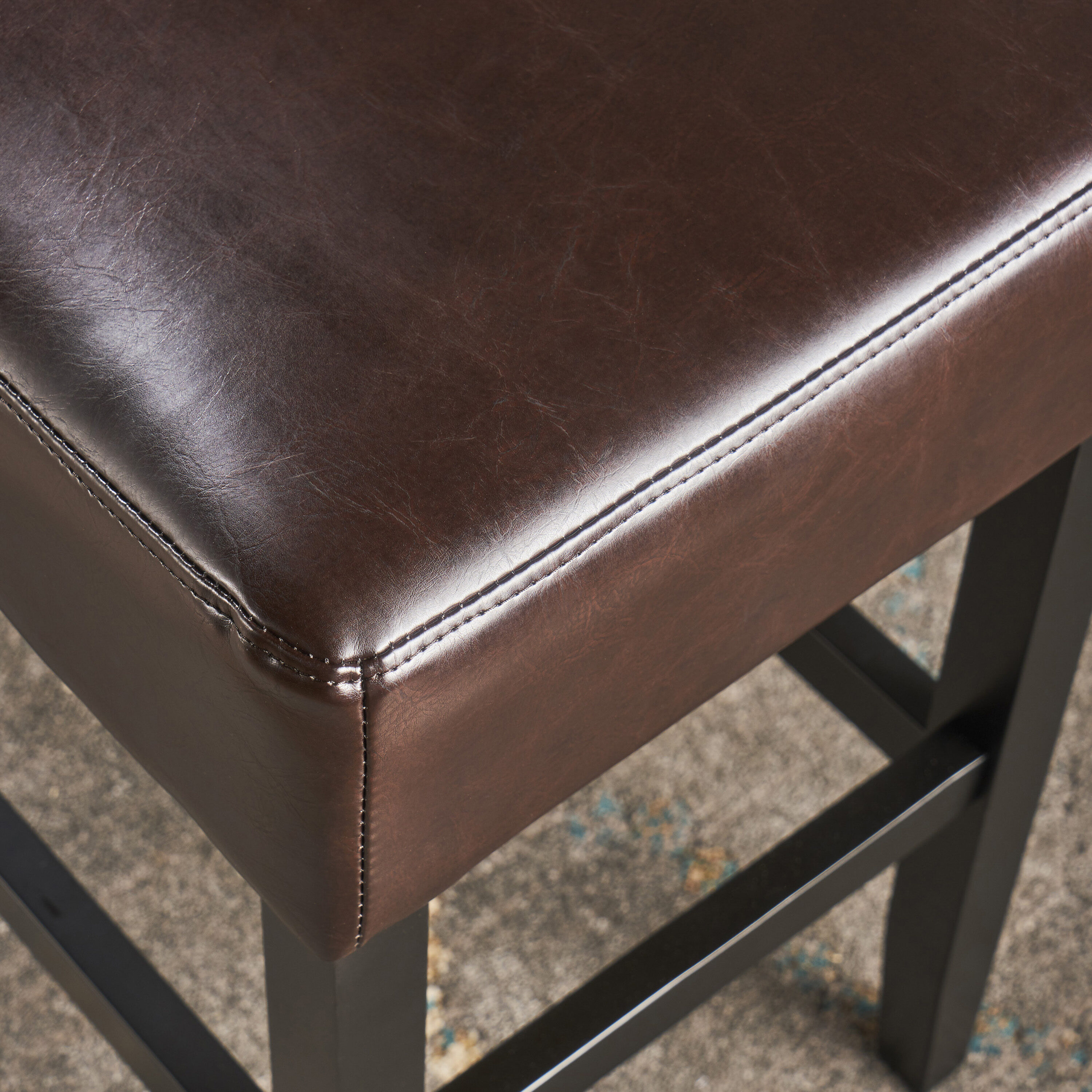 Brown Leather and Wood Backless Saddle Counter Stools, Set of 2