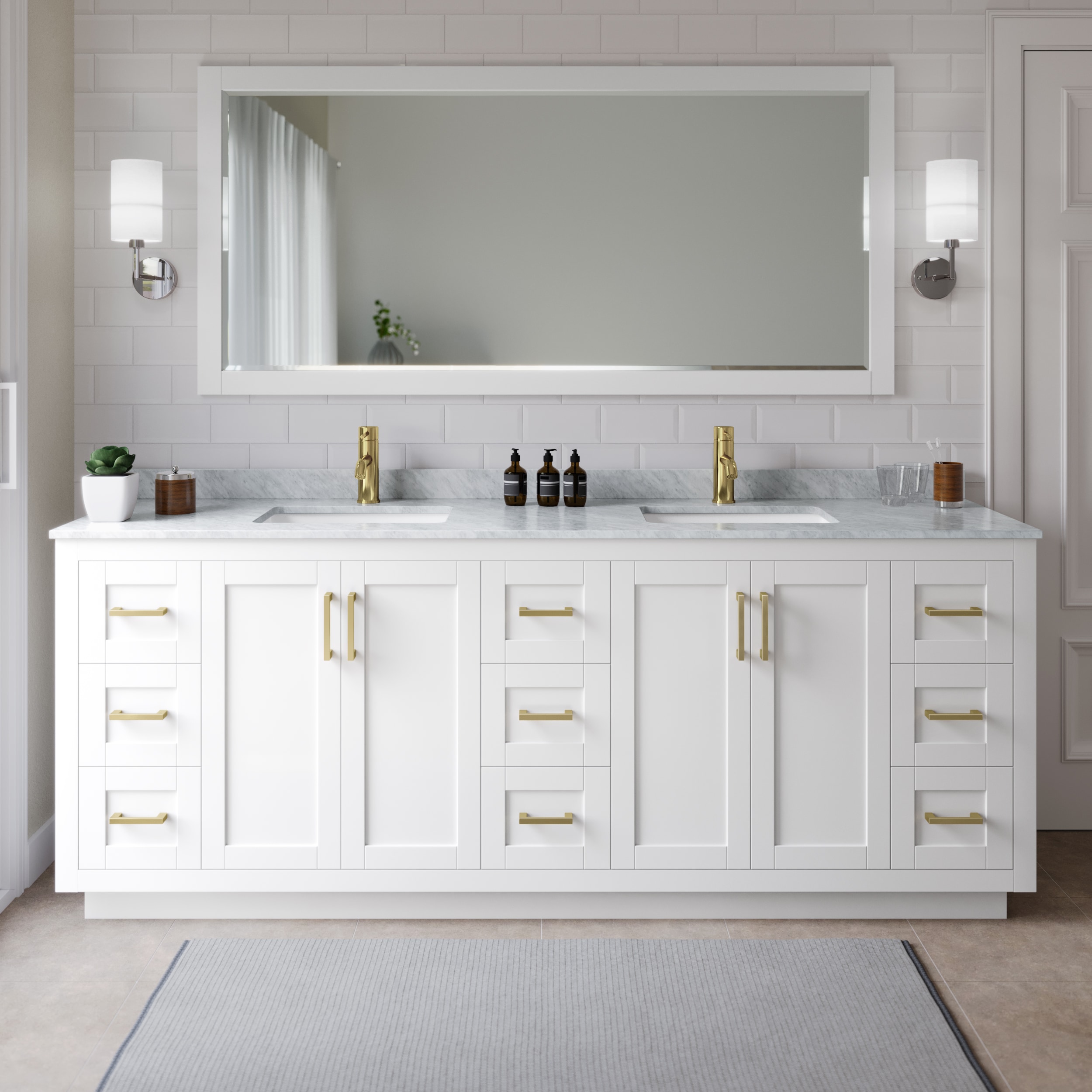 Wyndham Collection WCF292984DWGCMUNSMXX Miranda 84-in White with Brushed Gold Trim Undermount Double sink Bathroom Vanity with White Carrara Marble Marble Top