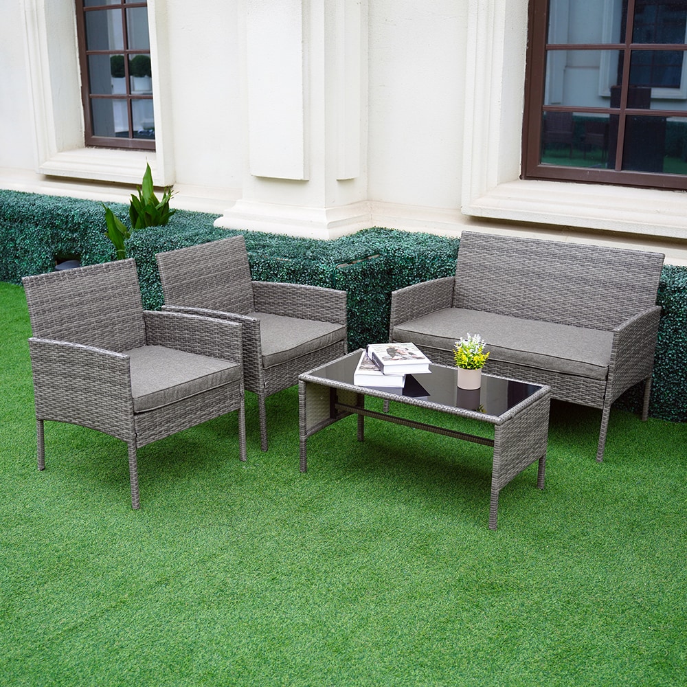 Grearden LS-HZST001 4 -Piece Rattan Patio Conversation Set with Gray Cushions