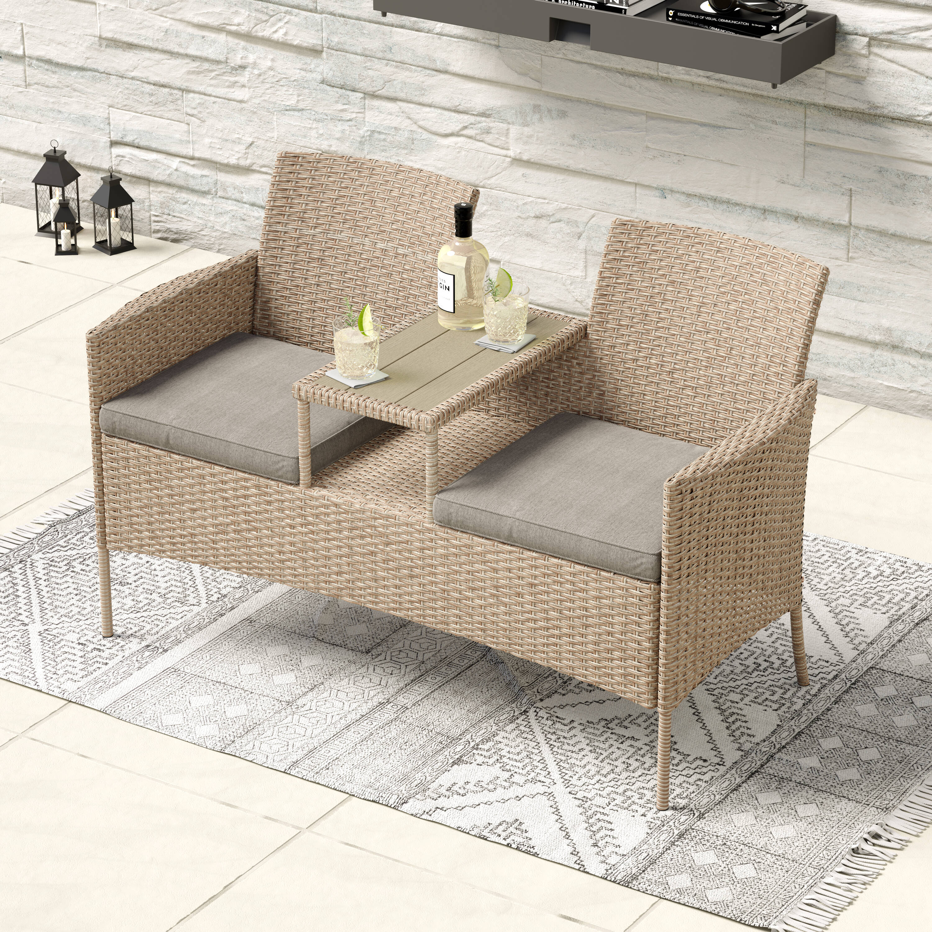 Steel wicker 2 seater best sale garden bench