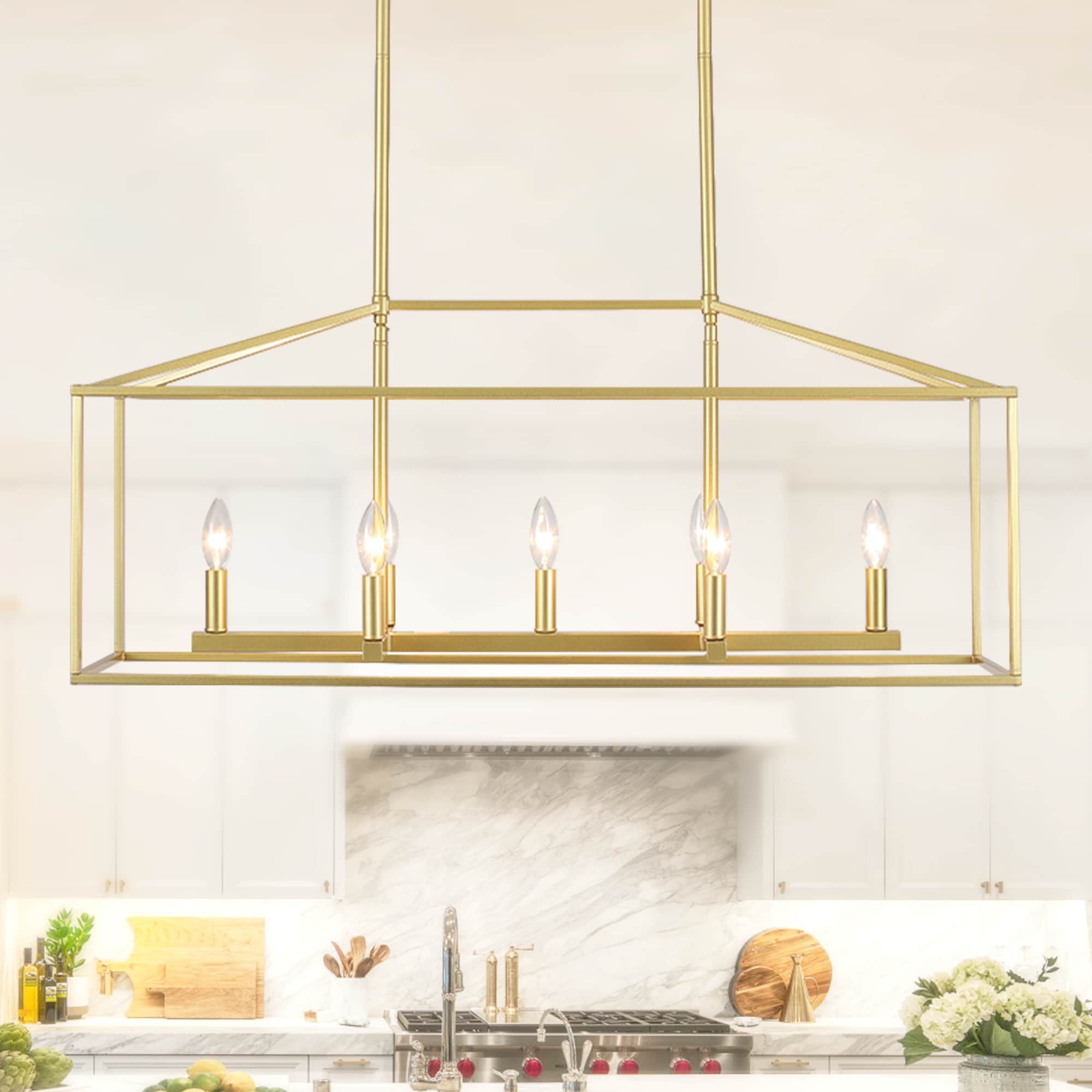 ADSENSTY 37.79 inches 7 Lights Gold Farmhouse Linear Candle Style Pendant Light Rectangle Cage Chandelier for Kitchen Island