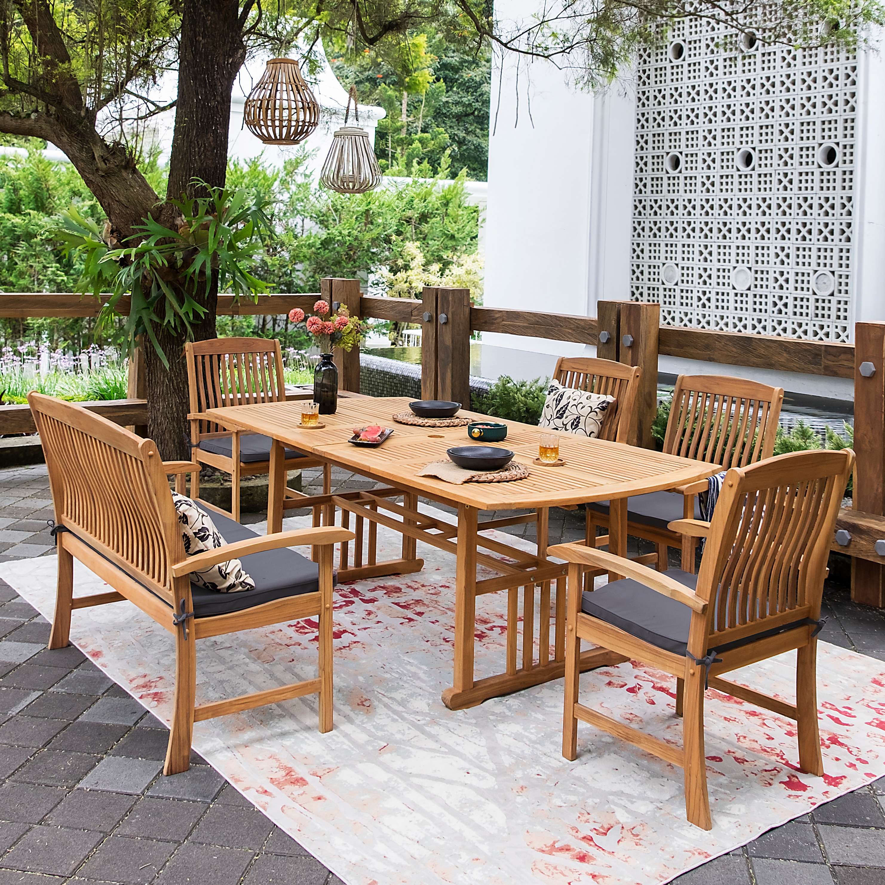 Cambridge Casual 610048-TW-XX-GY-XX Abbington 6 -Piece Natural Teak Patio Dining Set Extendable Table Wood Rectangle Table with 5 Gray Cushions Stationary Chairs