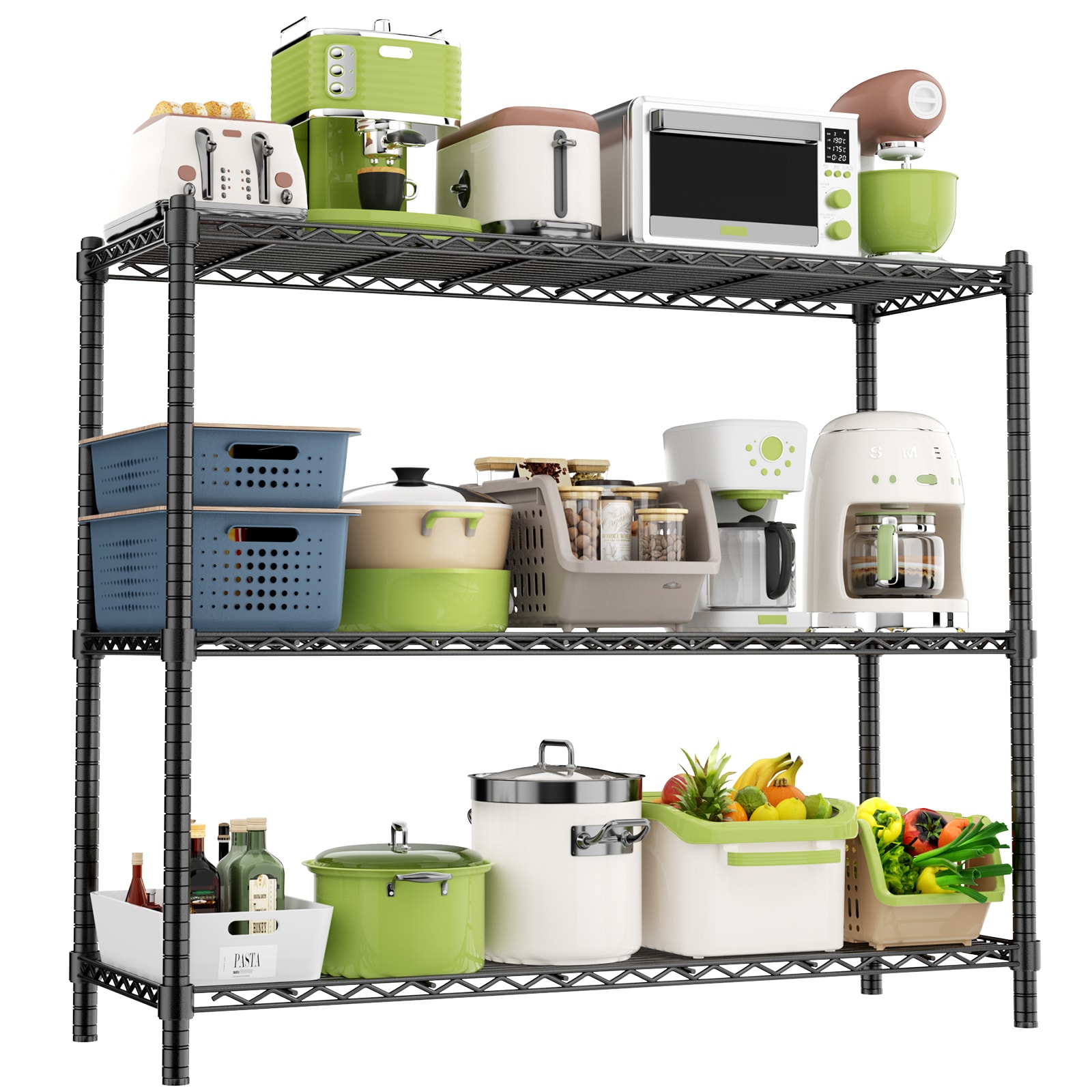 LOVMOR BLACK-48HAGW3C-PLR 3-Tier 48 in W x 47 in H x 20 in D Height Adjustable Garage Wire Shelving Unit