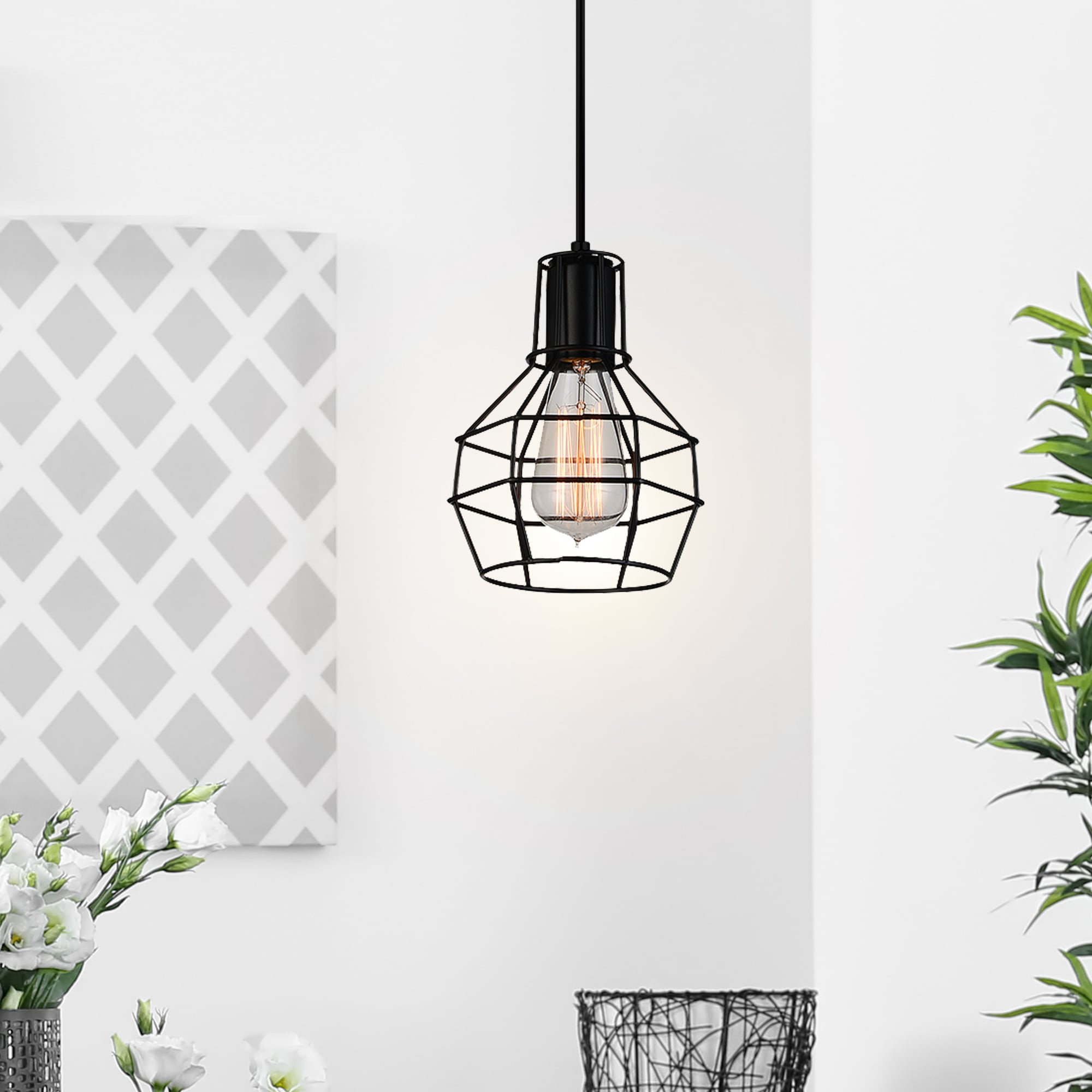 CWI Lighting 9608P6-1-101 Secure 1 -Light Black Rustic Geometric Mini Hanging Pendant light