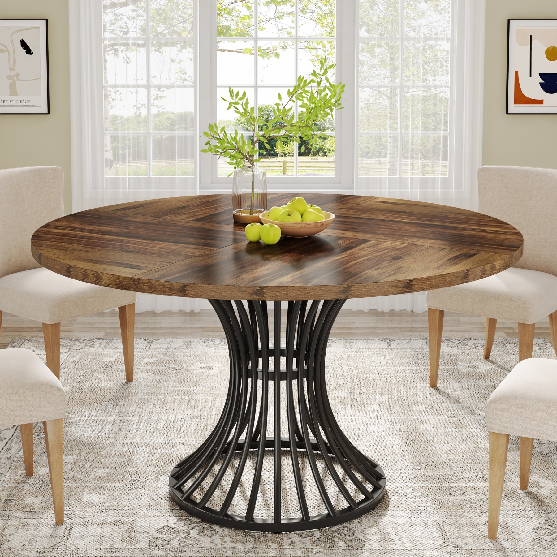 Fnova LWTJ-XK00534X Walnut and Black Round Contemporary/Modern Dining Table, MDF with Powder Coated Metal Pedestal Base 47.24-in L x 29.53-in H