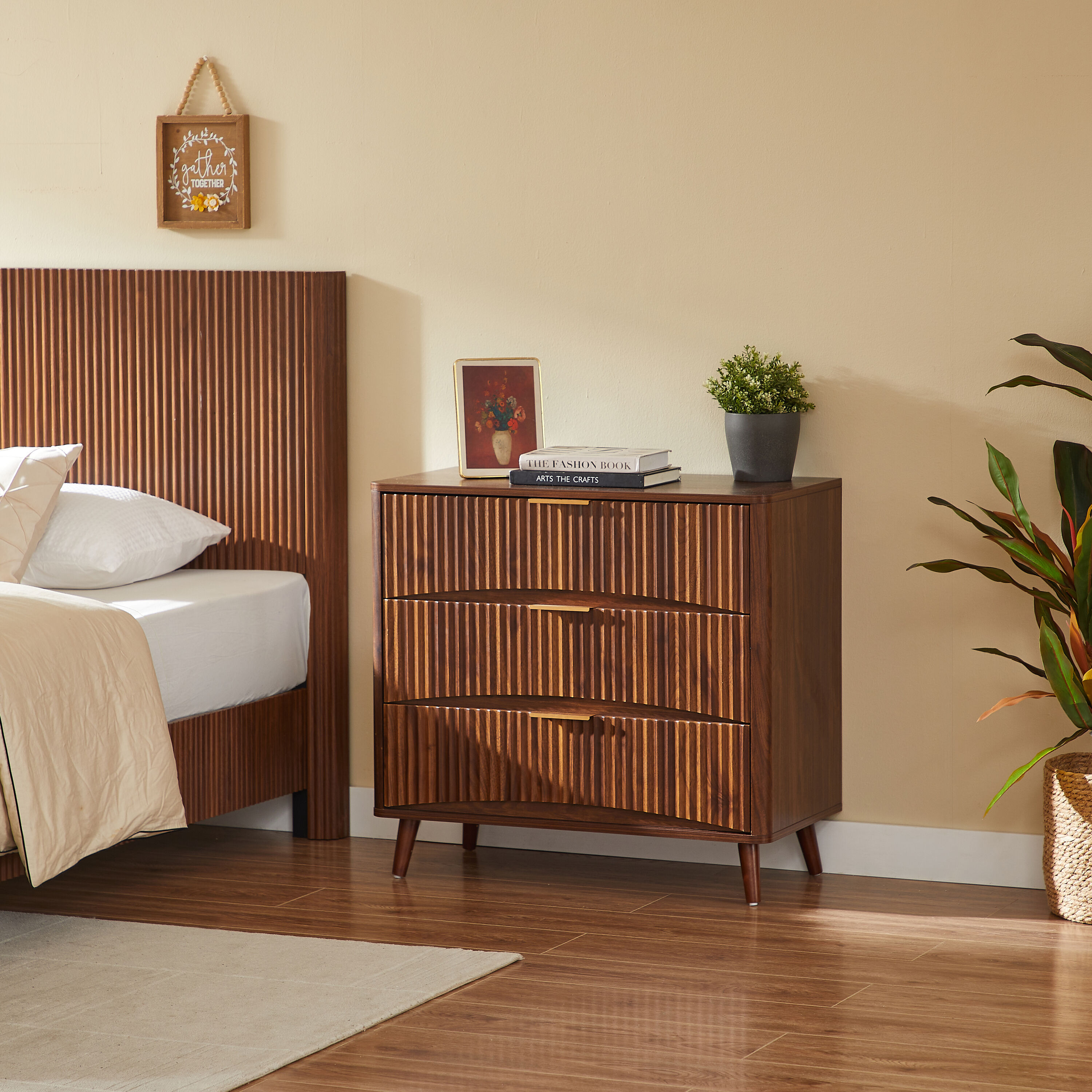 GDFStudio Fluted 3 Drawer Dresser with Metal Handles for Bedroom Living Room - Walnut