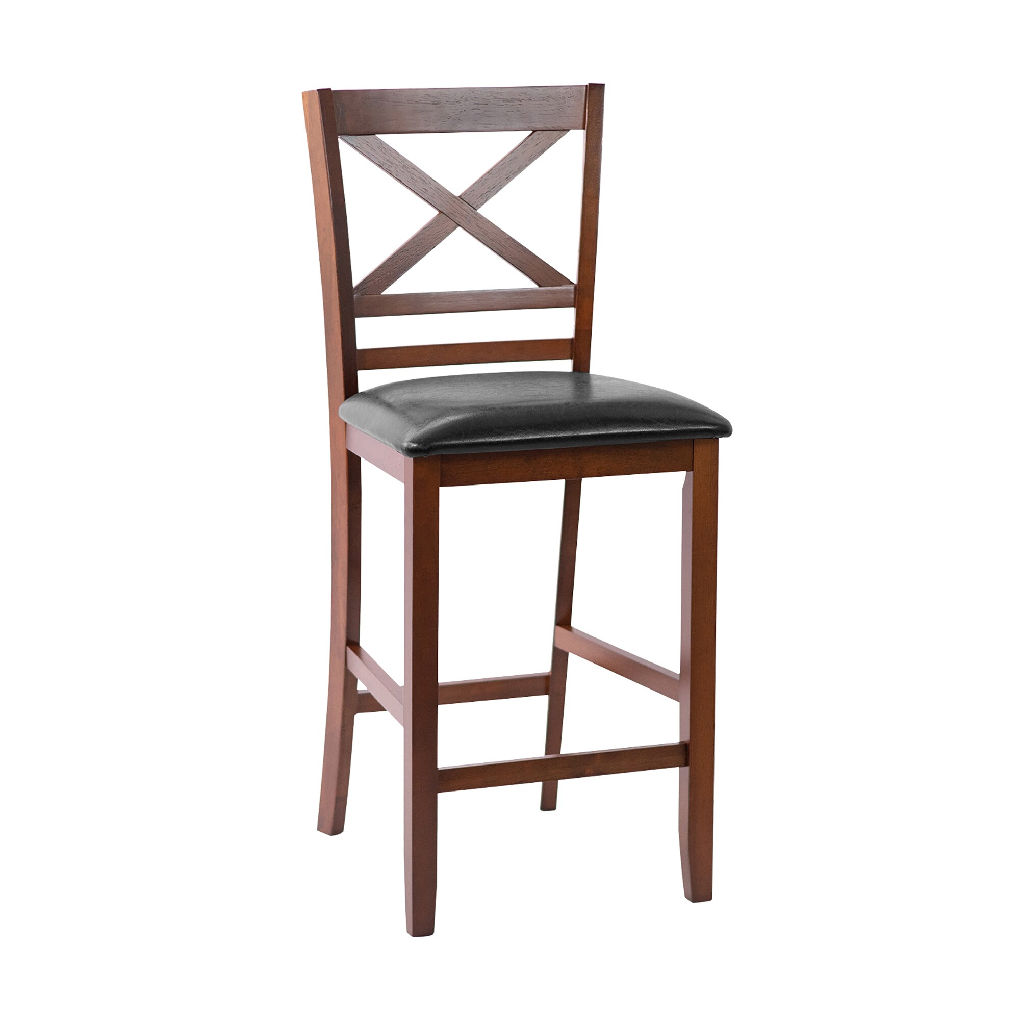 Set of 2 Walnut Wood Bar Stools with Black Leather Seat