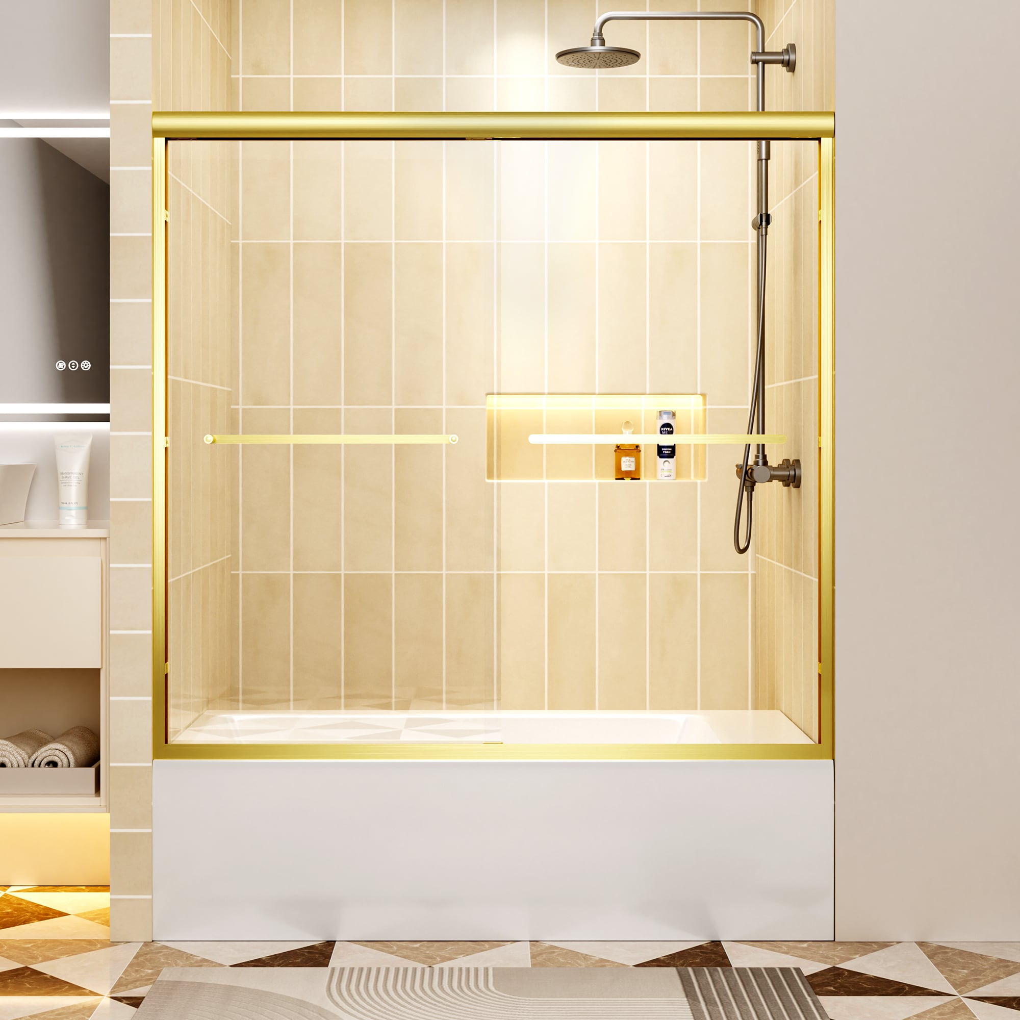 BEARSOLIM 56-in to 60-in W x 57-in H Brushed Gold Aluminum Frame Double Sliding Bathtub Door 1/4-in Clear Tempered Glass With Explosion-proof Film Dual Stainless Steel Handles