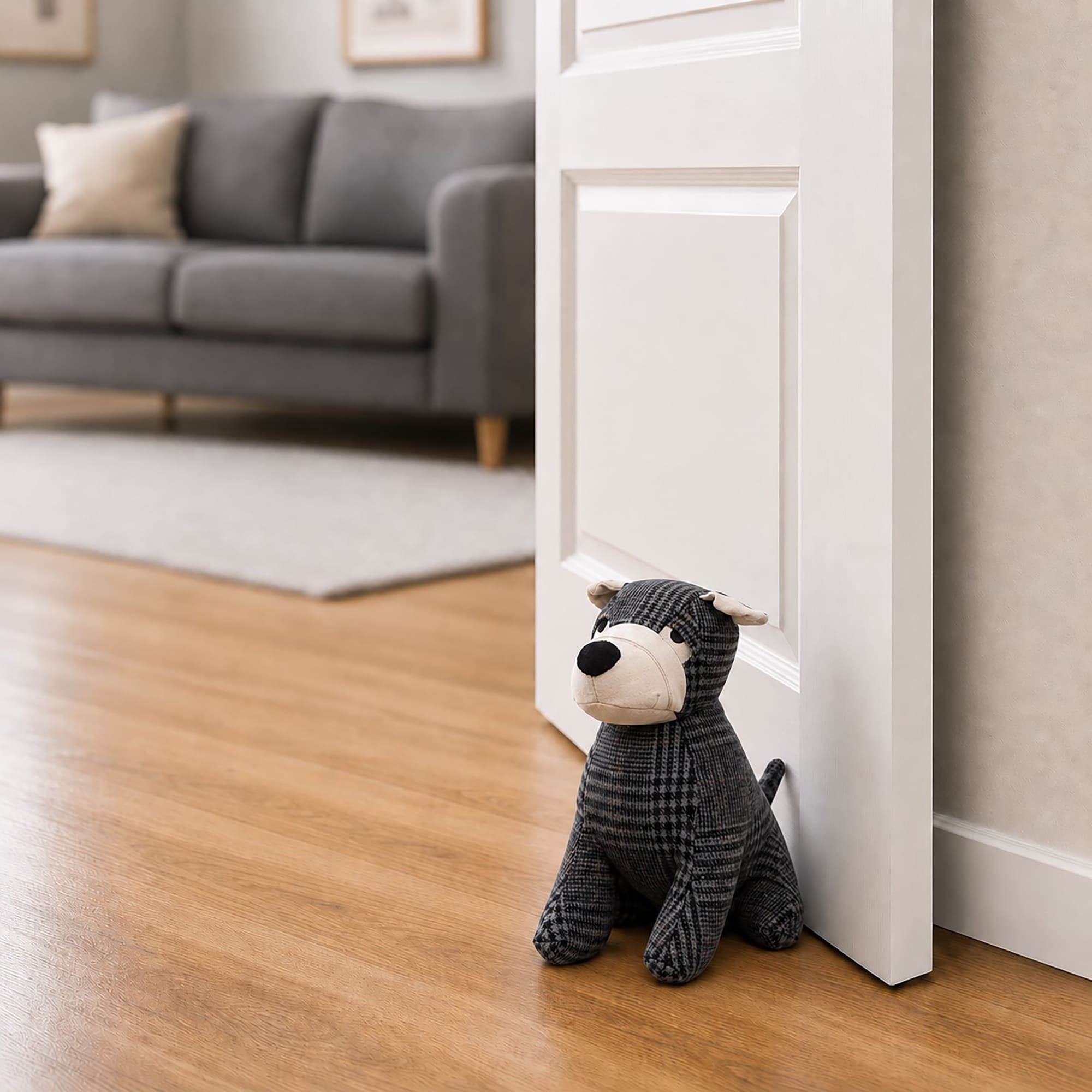 EVIDECO FRENCH HOME GOODS Decorative Dog Door Stop - 2.3 lb. Weighted Door Stopper for Living Room Bedroom or Office - Adorable Puppy Design with Gray Tartan Fabric - Durable and Stylish Door Holder