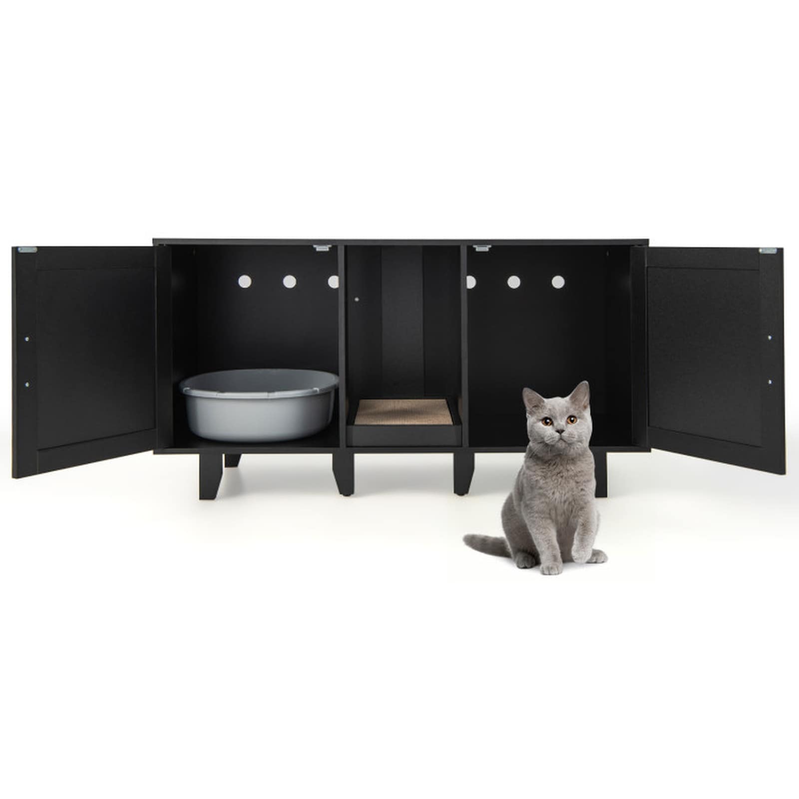 SUGIFT 2-Door Cat Litter Box Enclosure with Winding Entry and Scratching Board-Black