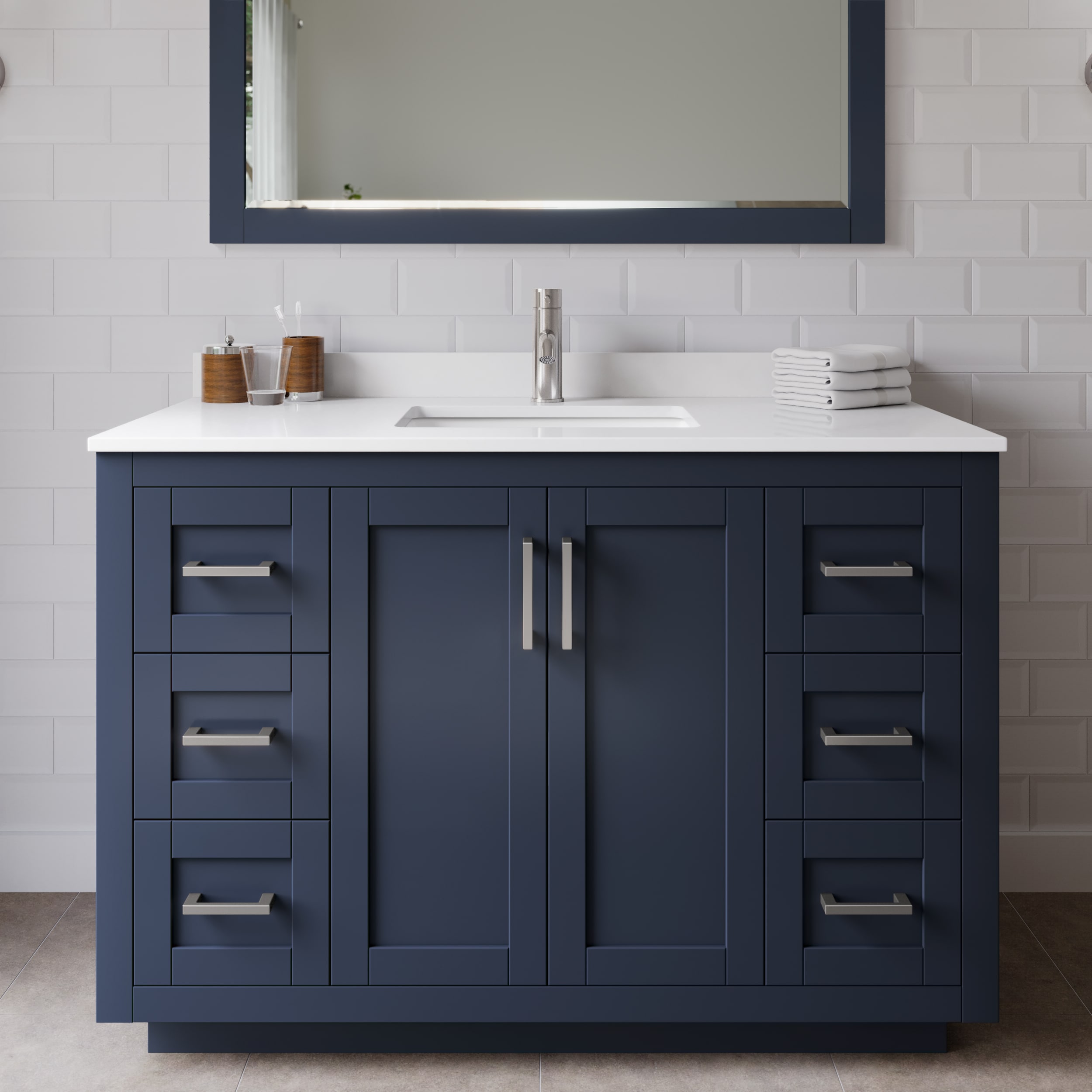 Wyndham Collection WCF292948SBNWCUNSMXX Miranda 48-in Dark Blue with Brushed Nickel Trim Undermount Single sink Bathroom Vanity with White Cultured Marble Cultured marble Top