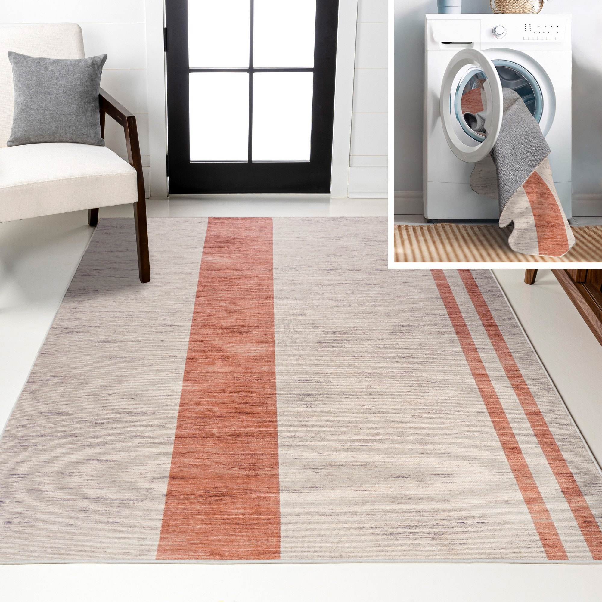 JONATHAN  Y WSH116A-5 WASHABLE Raita Modern Distressed Stripe 5 x 8 (ft) Loomed Ivory/Pink Rectangular Indoor Abstract Farmhouse/Cottage Machine washable Pet Friendly Area rug