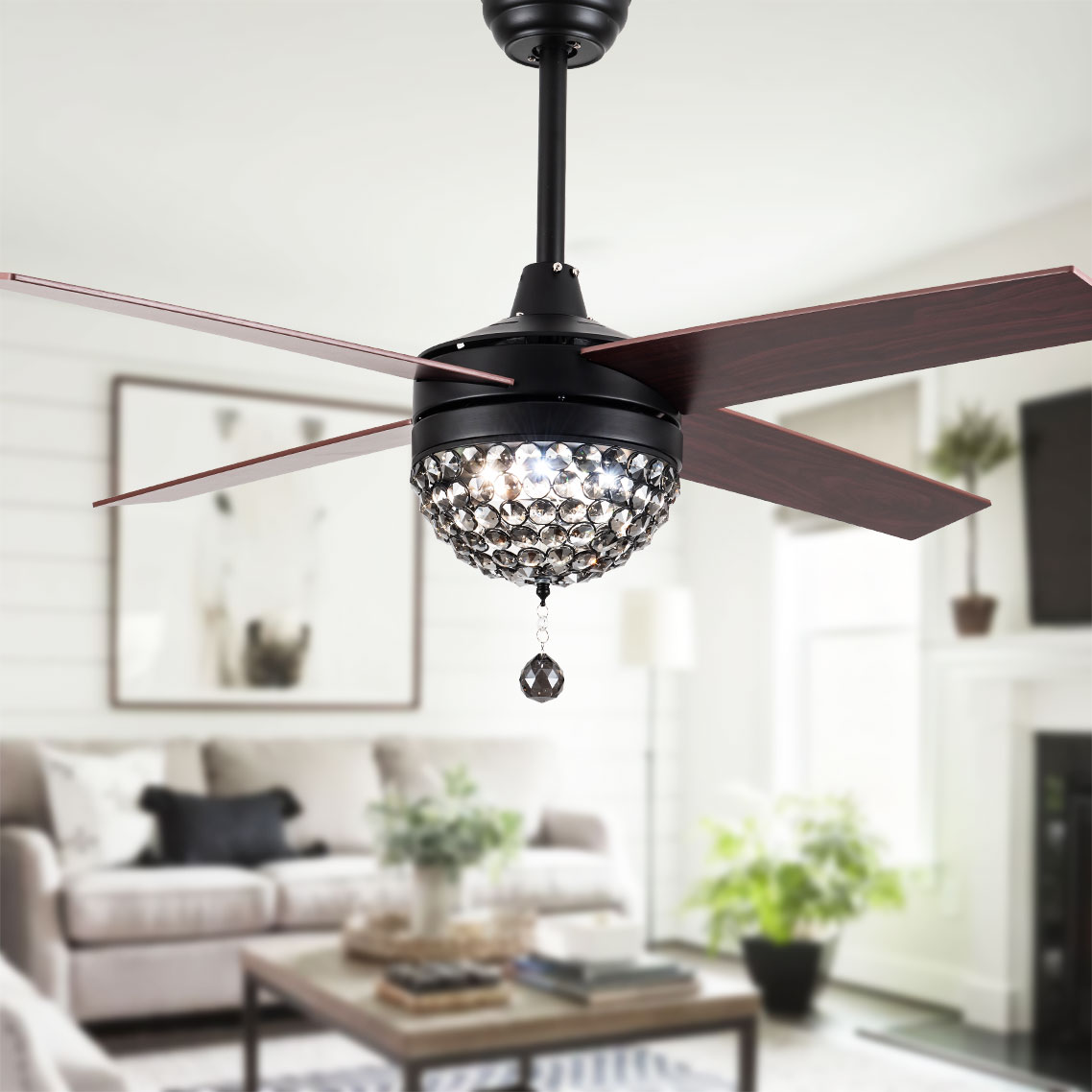 Bella Depot BD2001-B-48 48-in Color-Changing Integrated LED Black with Black Blades Chandelier Ceiling Fan With Light - Remote Included ( 4 -Blade )