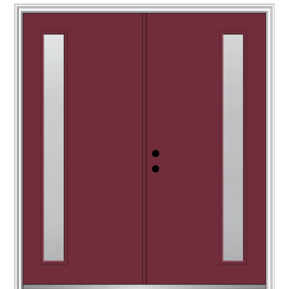 MMI DOOR ZZ347315R Spotlights 60-in x 80-in x 4-9/16-in Fiberglass Pulse lite Right-hand inswing Burgundy Painted Prehung Double Front Door with Brickmould Insulating core