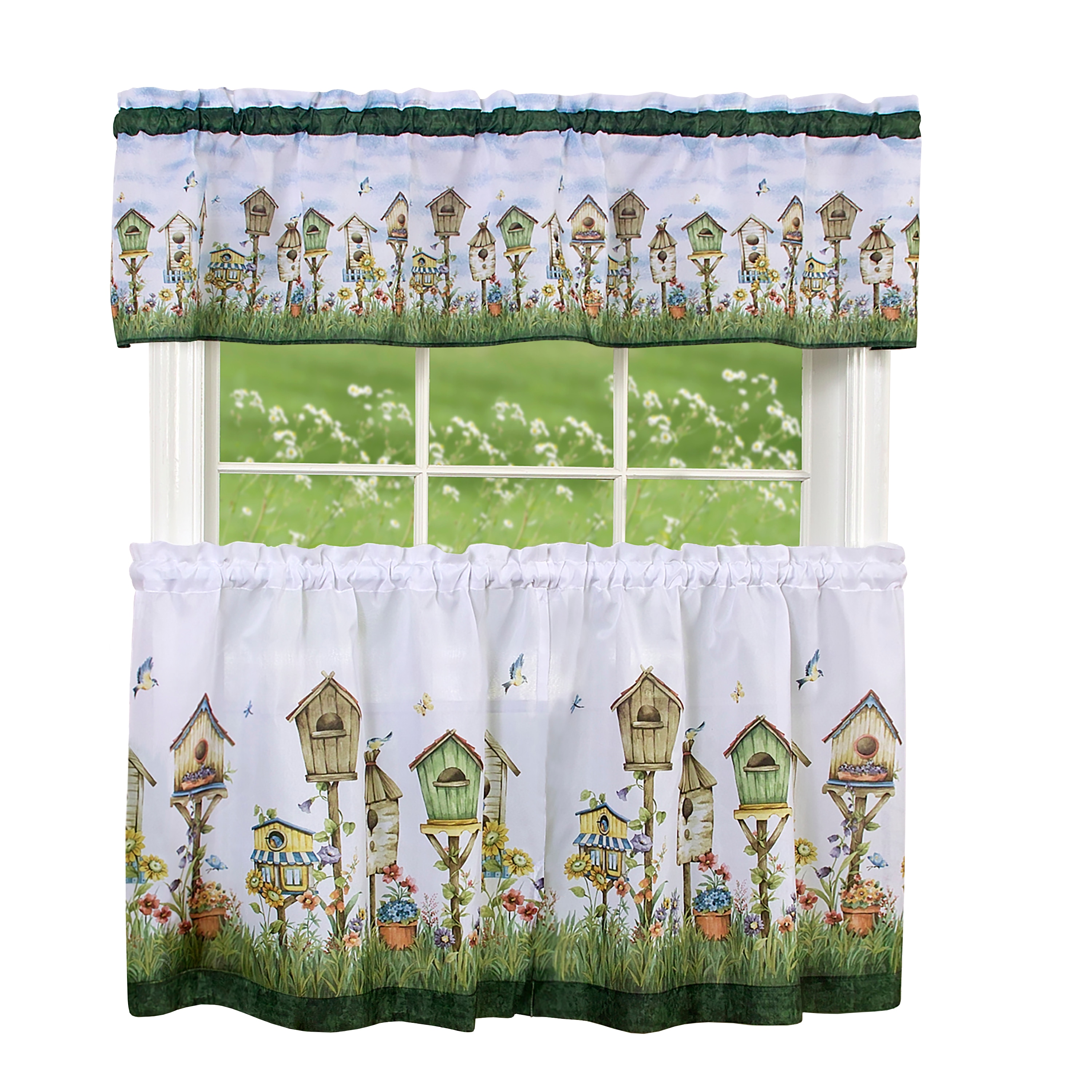 Pistachio Green Floral Birdhouse Print Tier Curtains with Valance