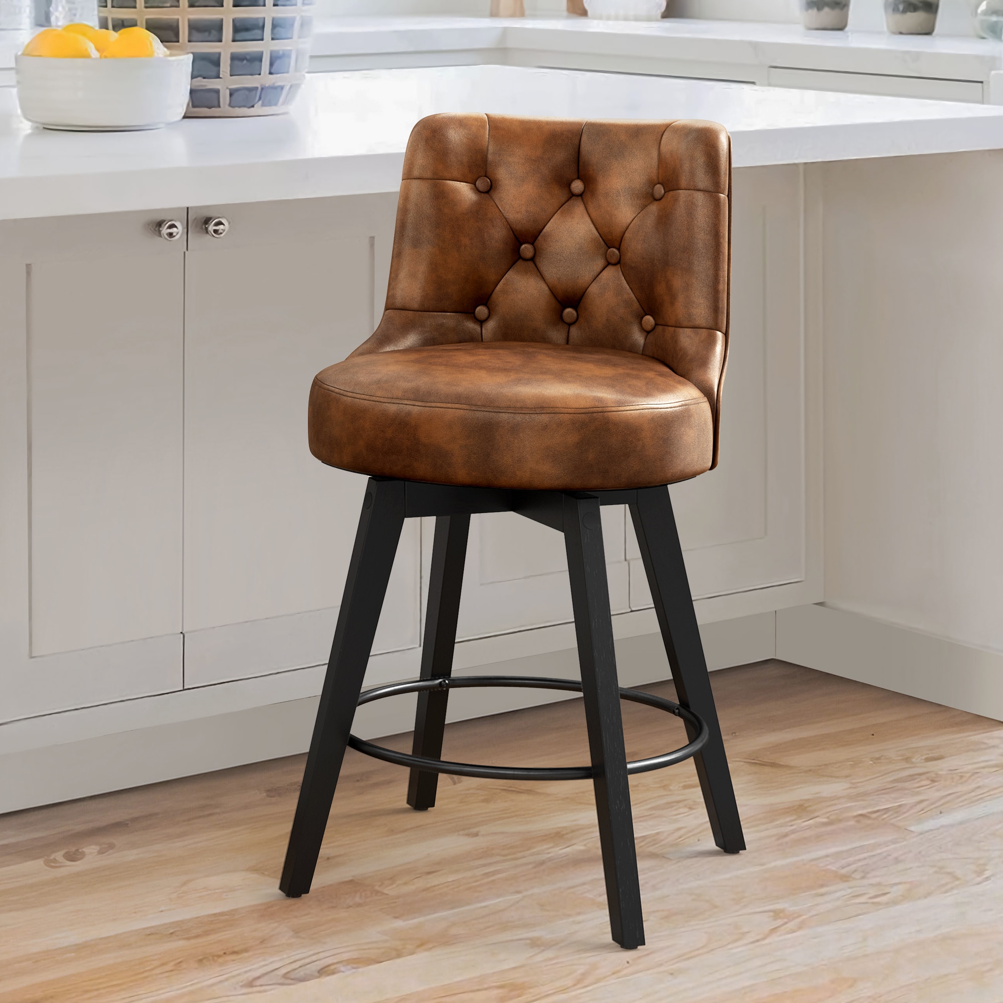 LUE BONA YB-156-06LS Brown 26-in H Counter height (24-in to 27-in) Round Seat Upholstered Swivel Wood Back Bar Stool Back