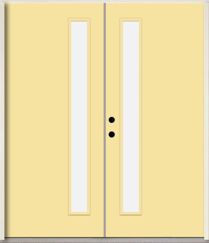 RELIABILT LO1065217 Spotlights 72-in x 80-in x Fiberglass 1/4 lite Right-hand inswing Cabana Yellow Paint Painted Prehung Double Front Door Insulating core