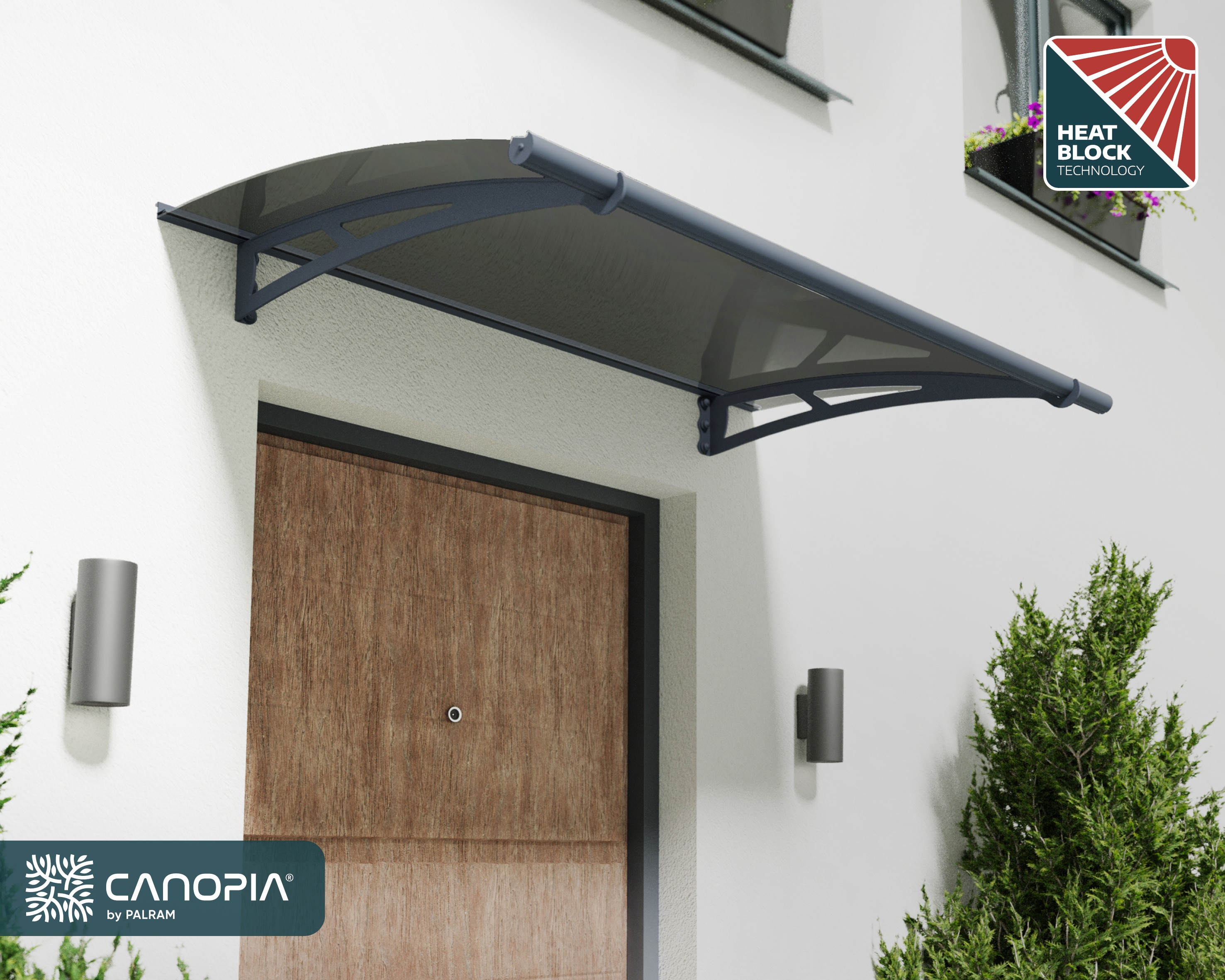 Canopia by Palram 706089 Aquila +Siding Connector Kit 59-in Wide x 36-in Projection x 6.9-in Height Plastic Gray Frame/Solar Gray Panels Solid Fixed Window/Door Awning