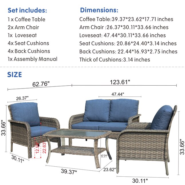 Rattan Patio Conversation Set, Wicker Sofa Cushions 66 Inch