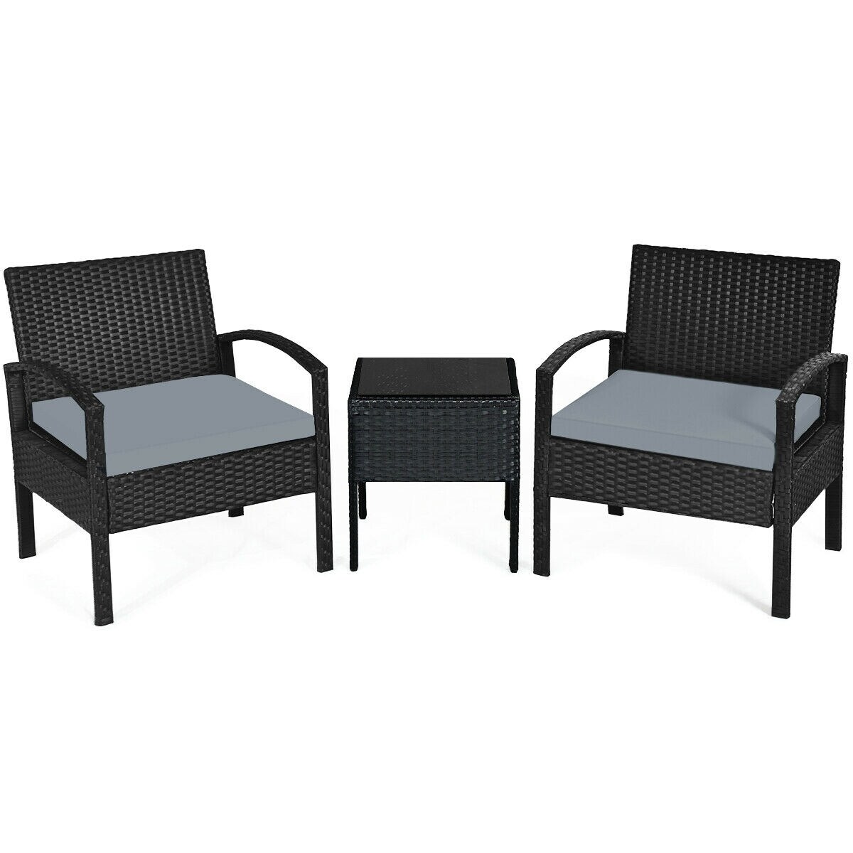 WELLFOR BASINGG03 3 -Piece Wicker Patio Conversation Set with Gray Cushions