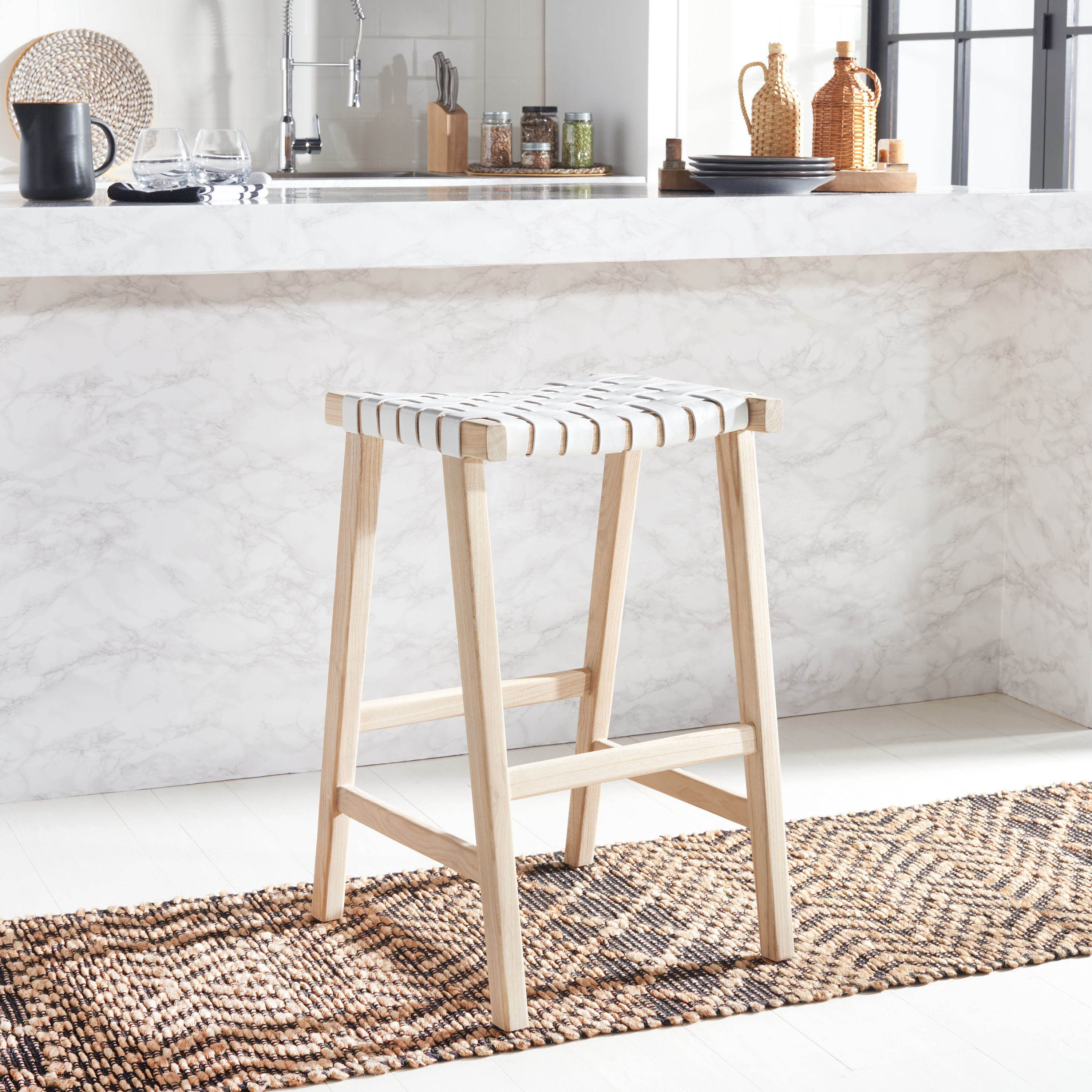 Airy Coastal Charm White Leather and Wood Saddle Barstool