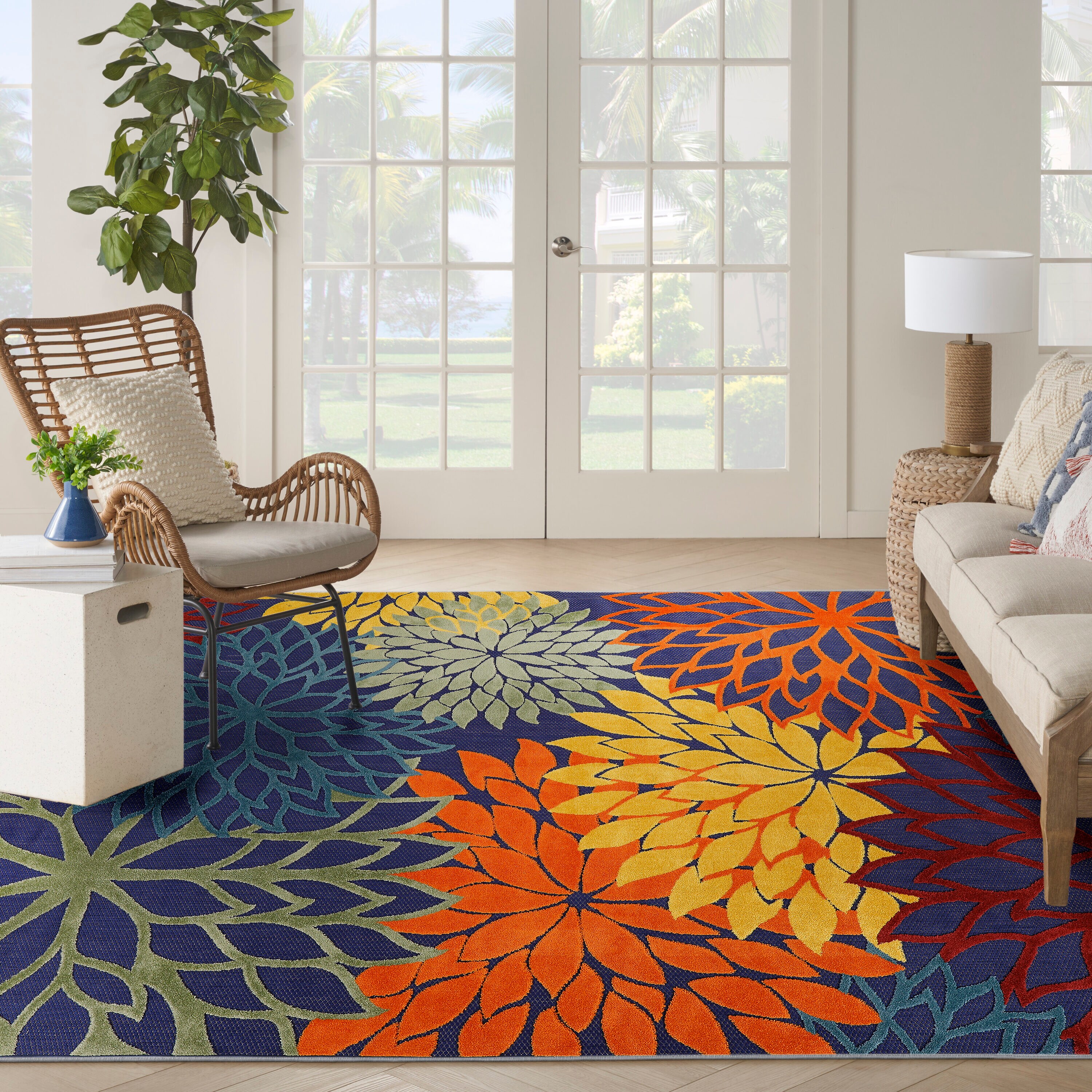 Nourison Home 099446921154 Aloha 9 x 12 (ft) Loomed Polypropylene Navy Multicolor Rectangular Indoor/Outdoor Floral/Botanical Tropical Area rug
