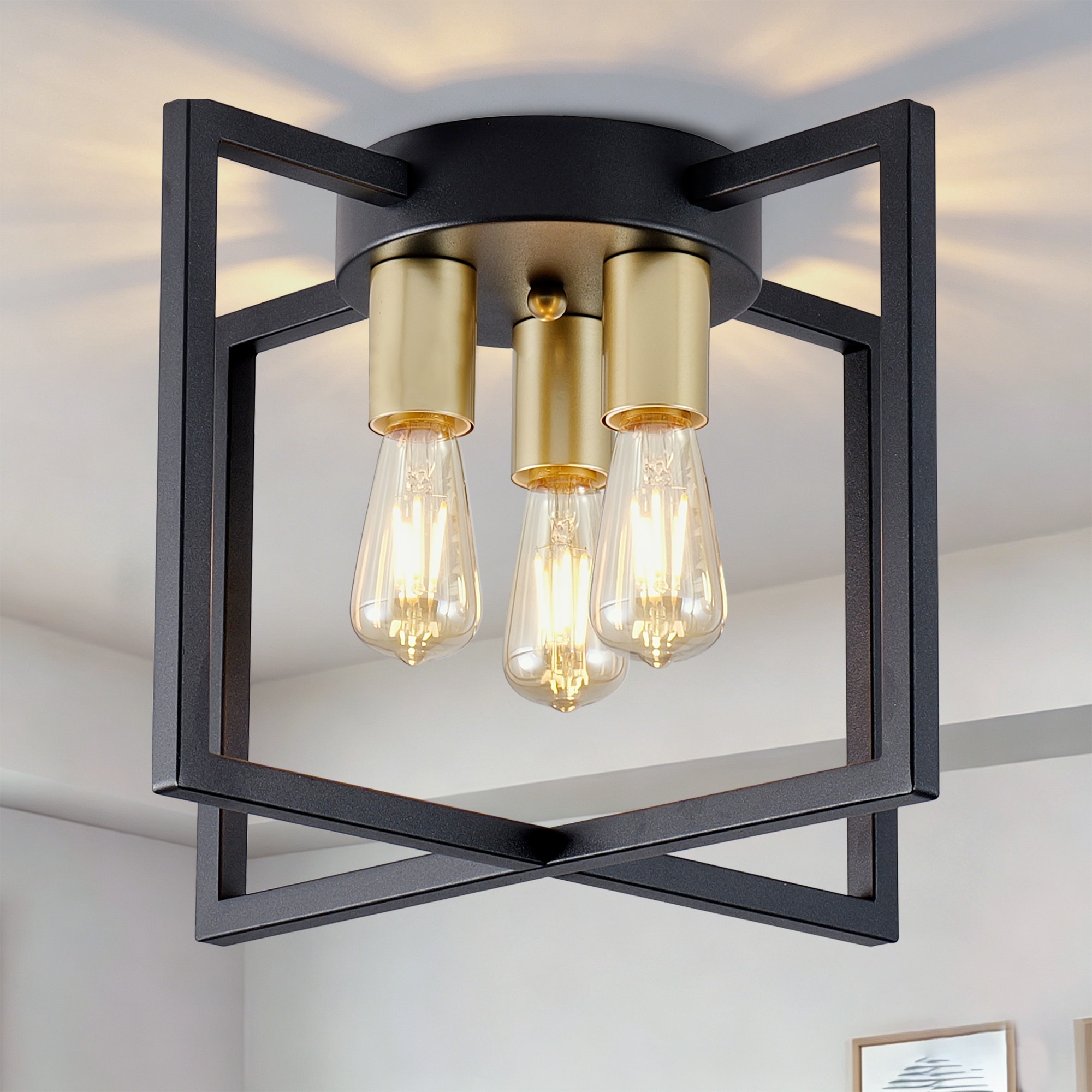 Tenleaf 3-Light Ceiling Light Fixture Black and Gold Semi-Flush Mount Chandelier with Geometric Metal Shade for Living Room