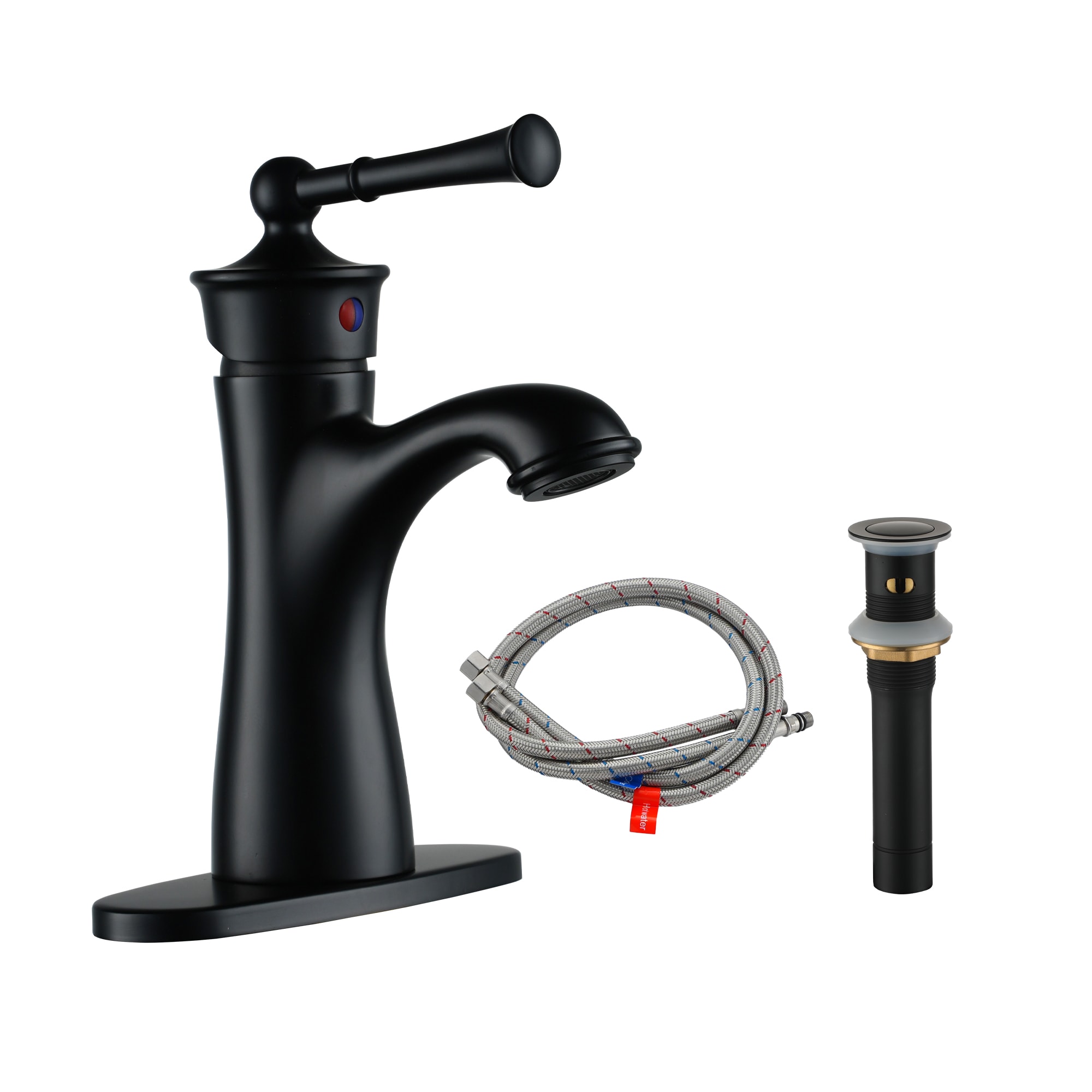 Clihome DG-KF12NS Bathroom Faucet with Deckplate and Drain Kit Matte Black Single hole 1-handle Low-arc Commercial/Residential Handle Bathroom Sink Faucet with Drain with Deck Plate