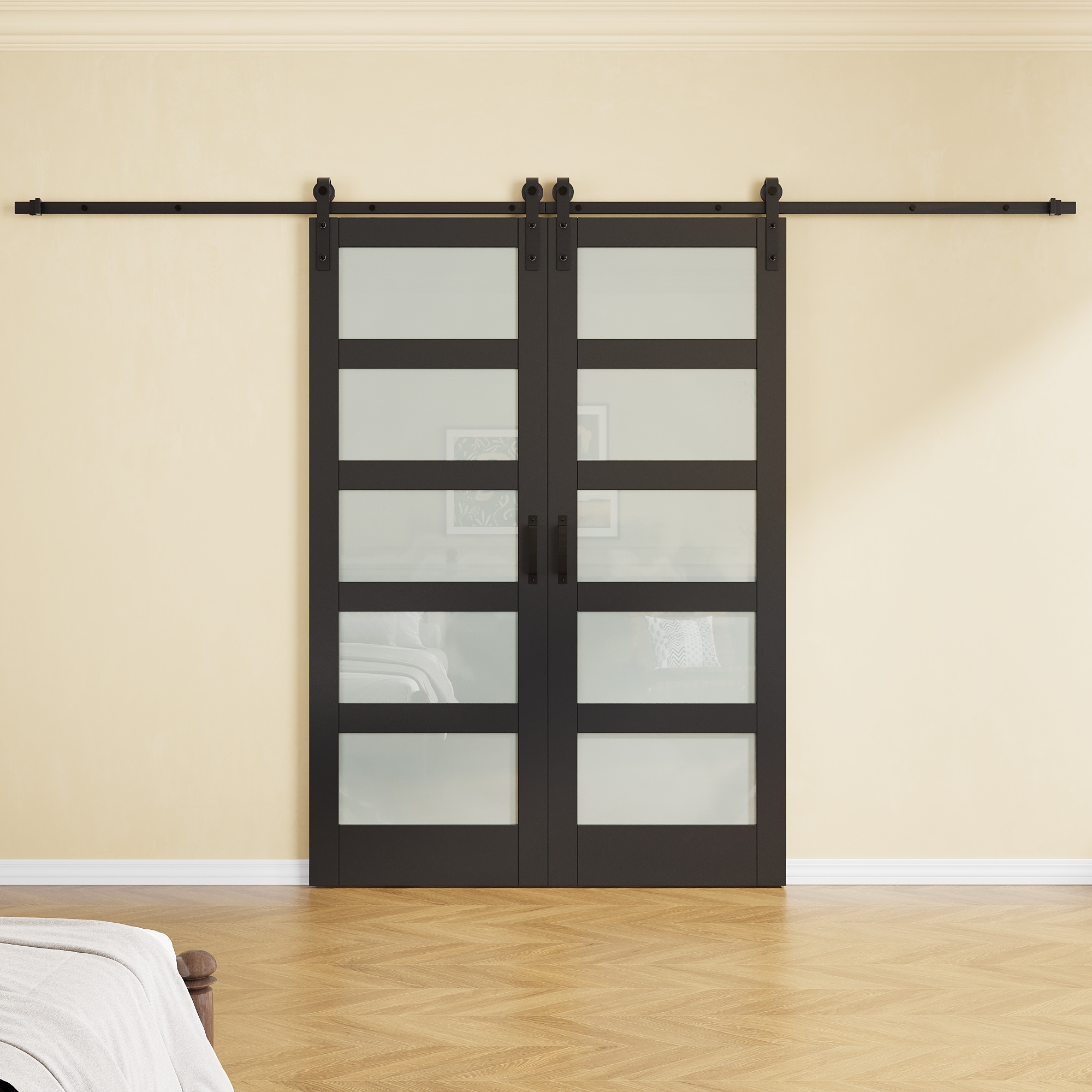 JUJUBON 60-in x 84-in Black 5-Lite Primed Square Frosted glass MDF Solid core Double Barn Door (Hardware Included)