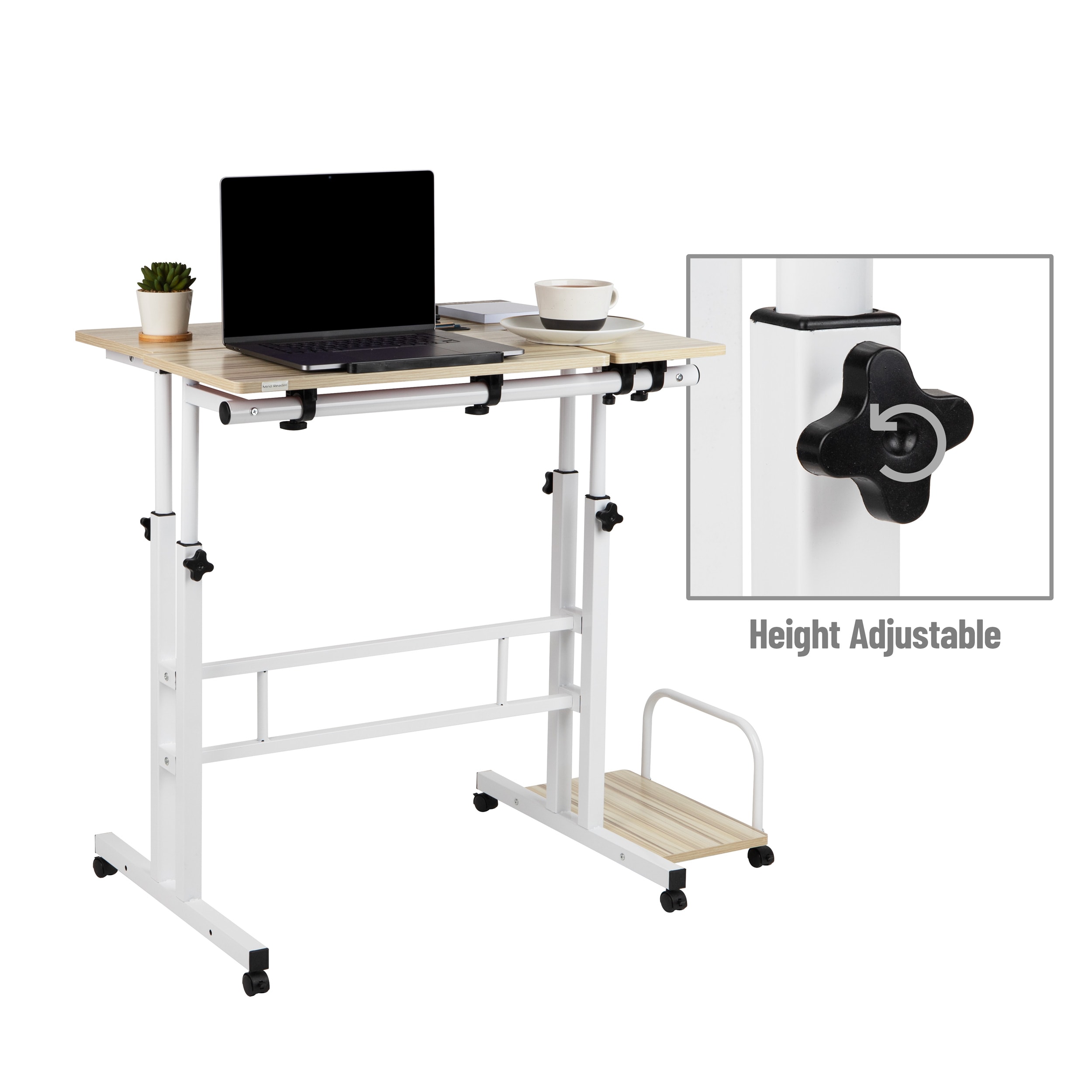 White Adjustable Height Mobile Standing Desk with Keyboard Tray