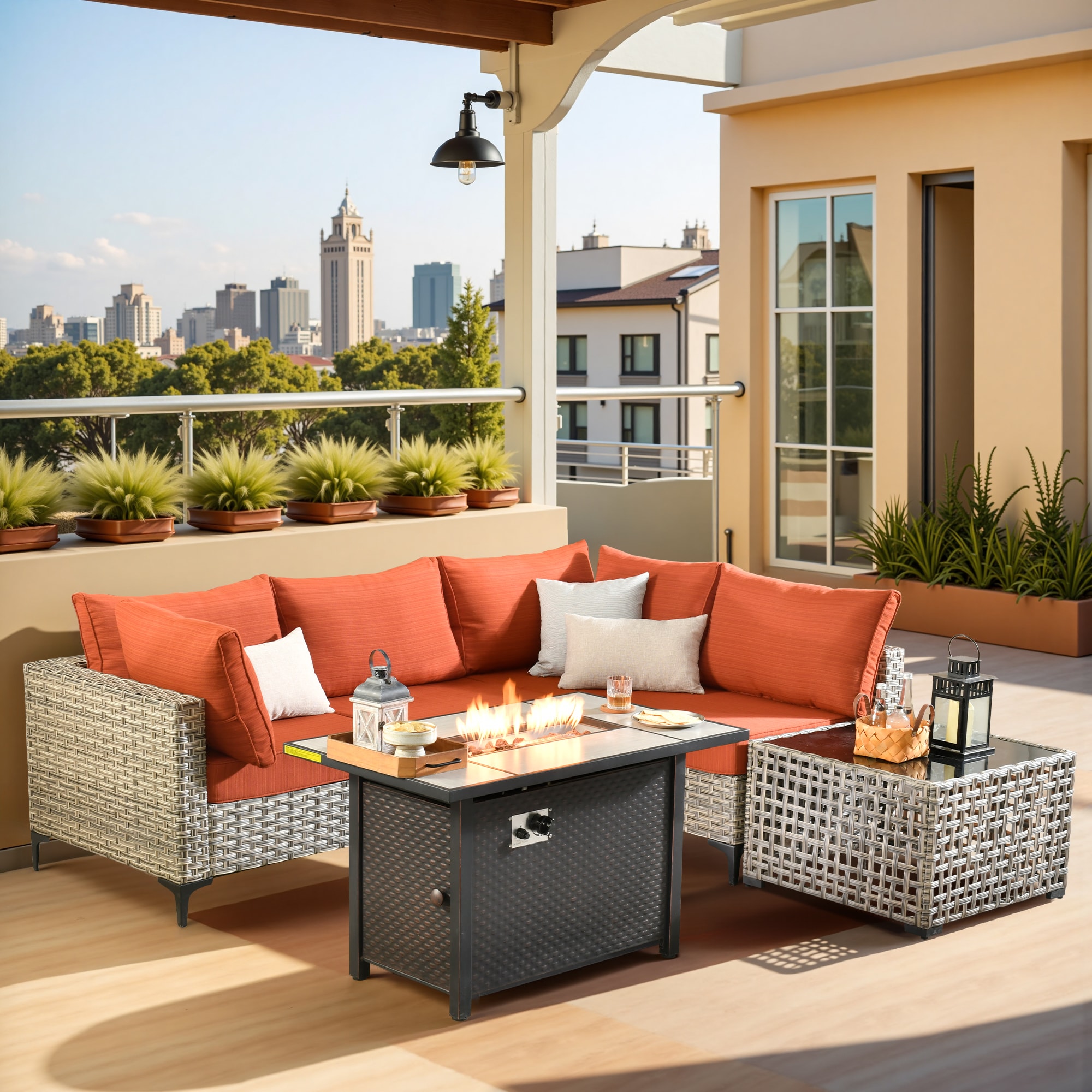 Pouuin CFPSKT805 6 -Piece Wicker Patio Sofa Conversation Set with Orange Cushions