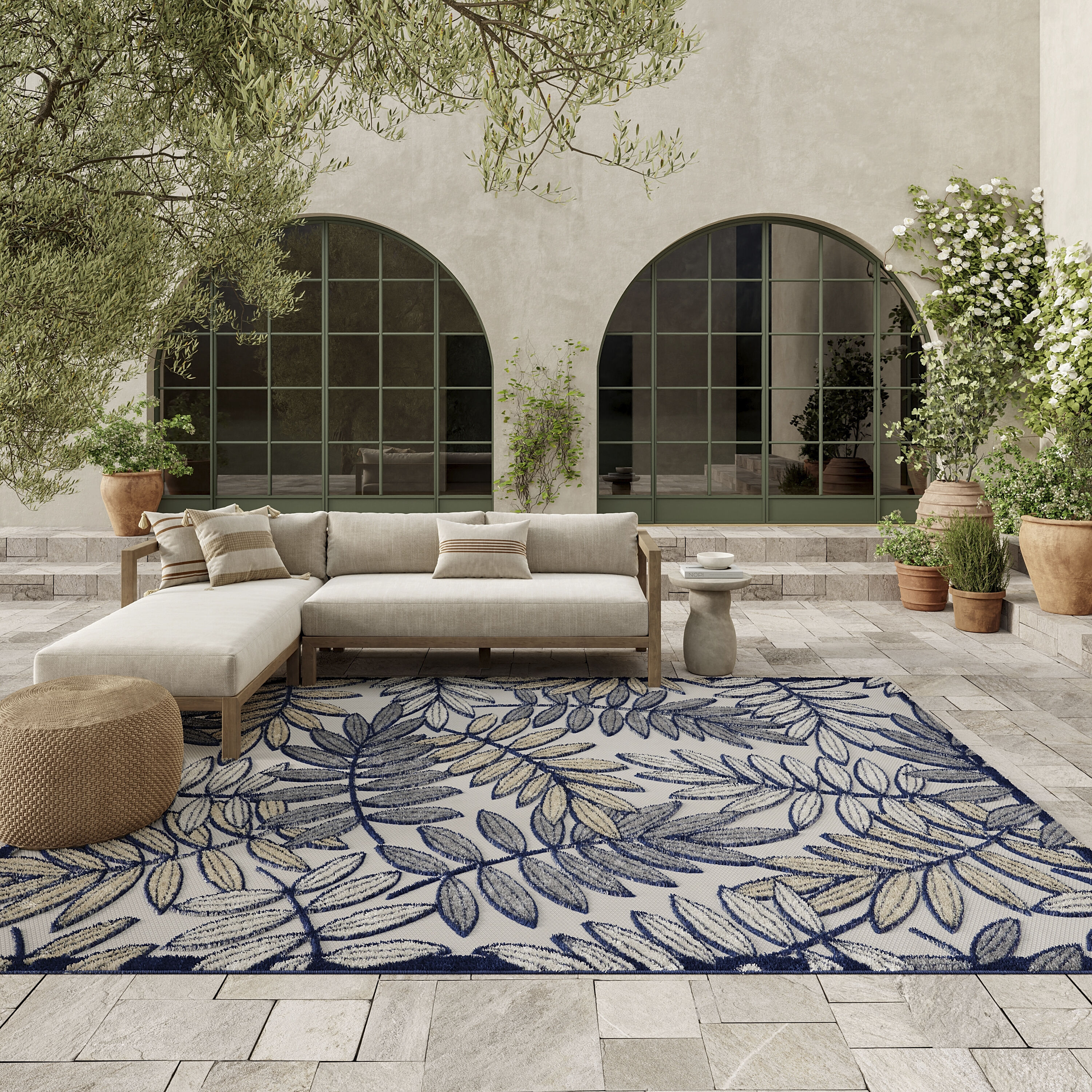 Nourison 99446829665 Aloha 9 x 12 (ft) Loomed Polypropylene Ivory/Navy Rectangular Indoor/Outdoor Floral/Botanical Tropical Area rug