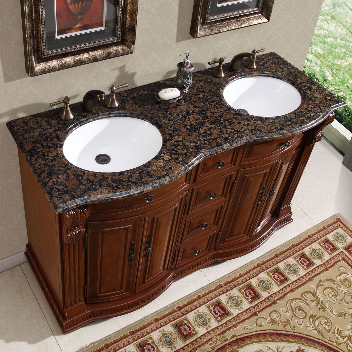 Silkroad Exclusive 55-in Dark Walnut Undermount Double Sink Bathroom Vanity  with Travertine Top in the Bathroom Vanities with Tops department at