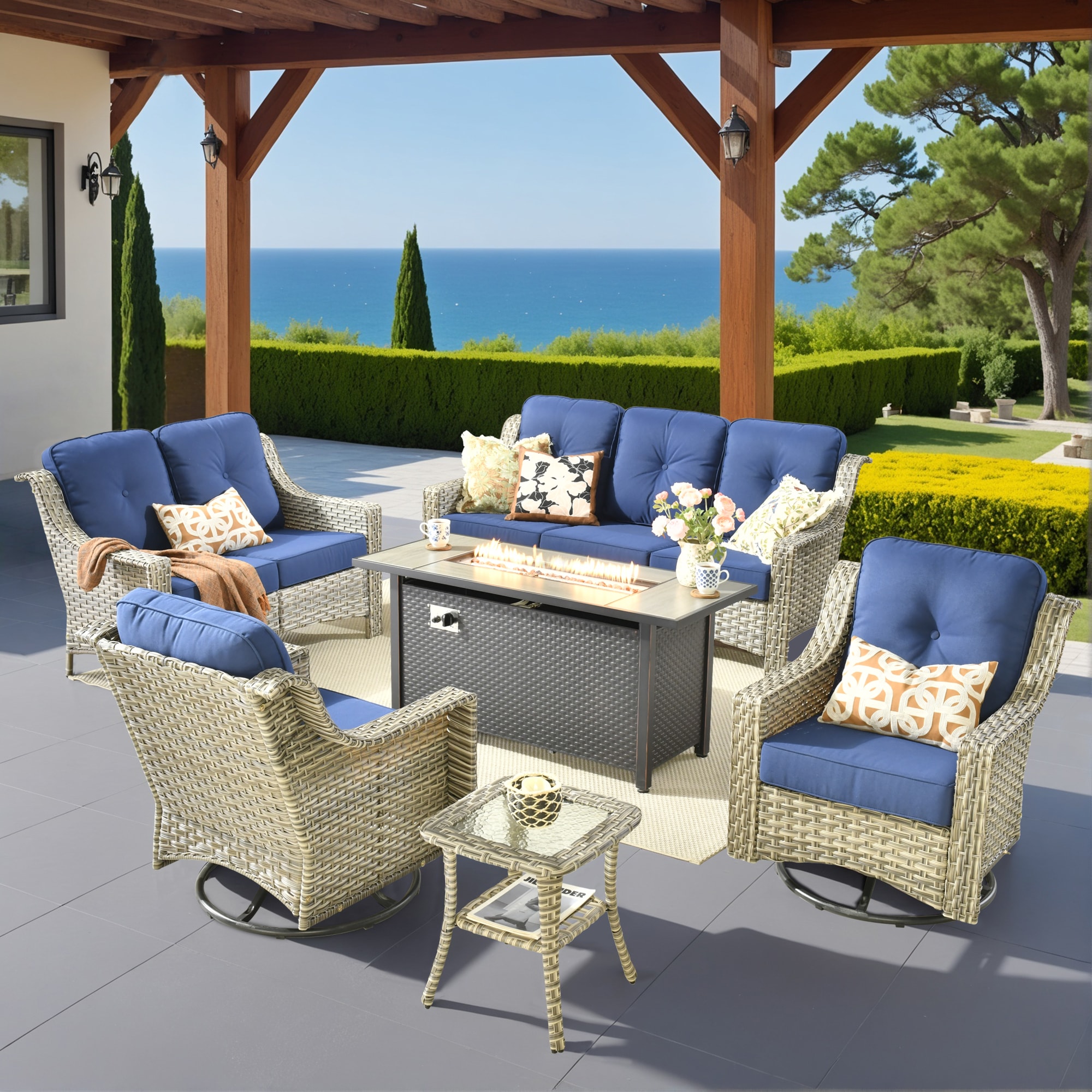 Caodoc L5-CFP03-YZPAD706 New right-Angles Rattan Outdoor Sectional with Blue Cushions and Rattan Frame