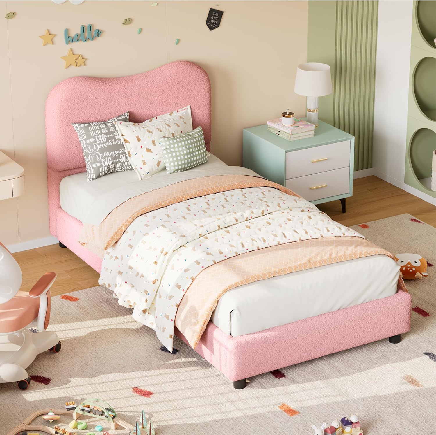 Qeetex LHF-BED-PHK-33JNBMLP Twin Bed Frame for Kids with Velvet Upholstered Headboard Cute Low Profile Platform Bed for Girls and Boys No Box Spring Needed Strong Wooden Slats Noise Free Easy Assembly Pink