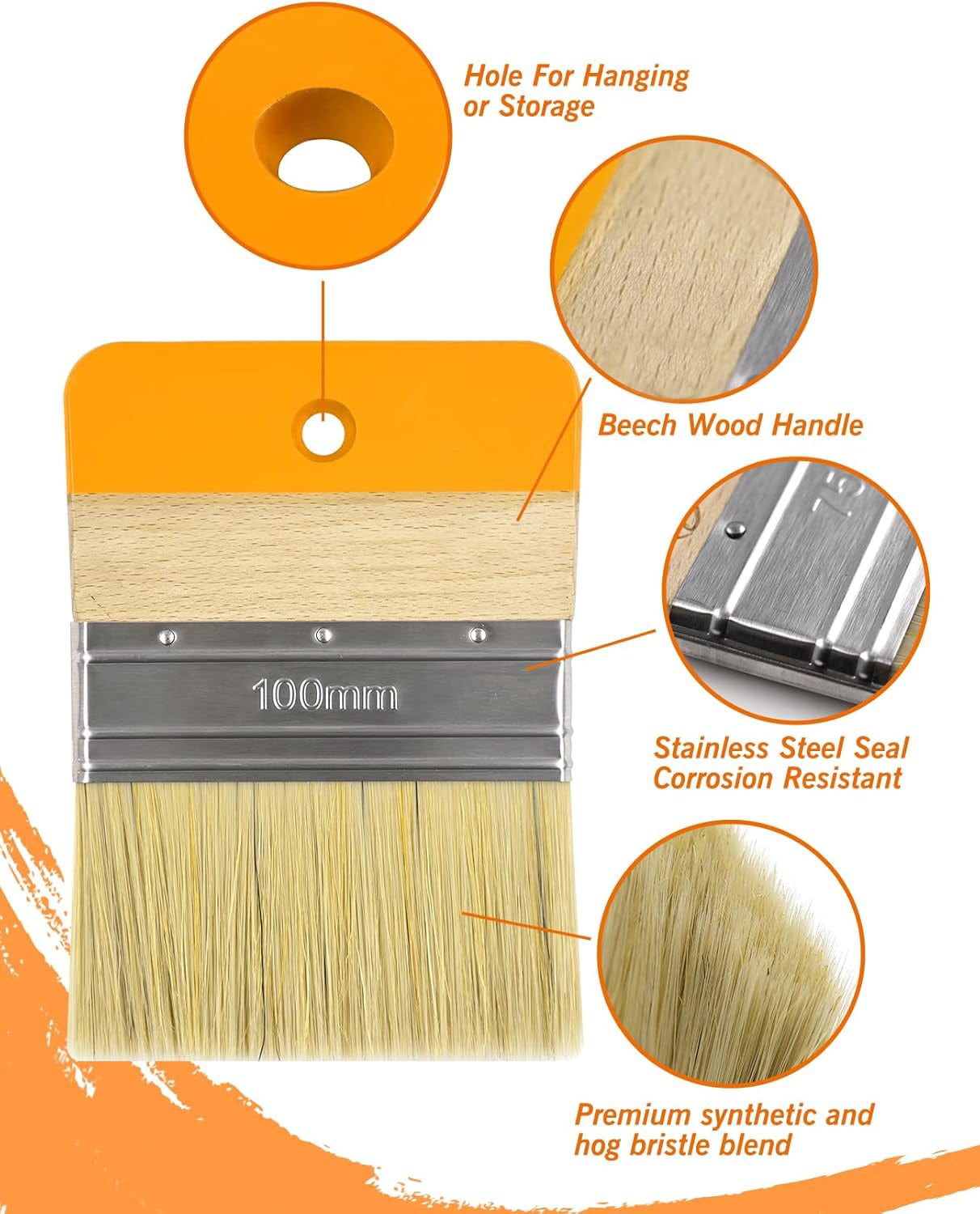 Etokfoks  4 in Flat Paddle Paint Brush with Synthetic and White Hog Bristle Mix for Walls Texture Coatings and Artist Projects