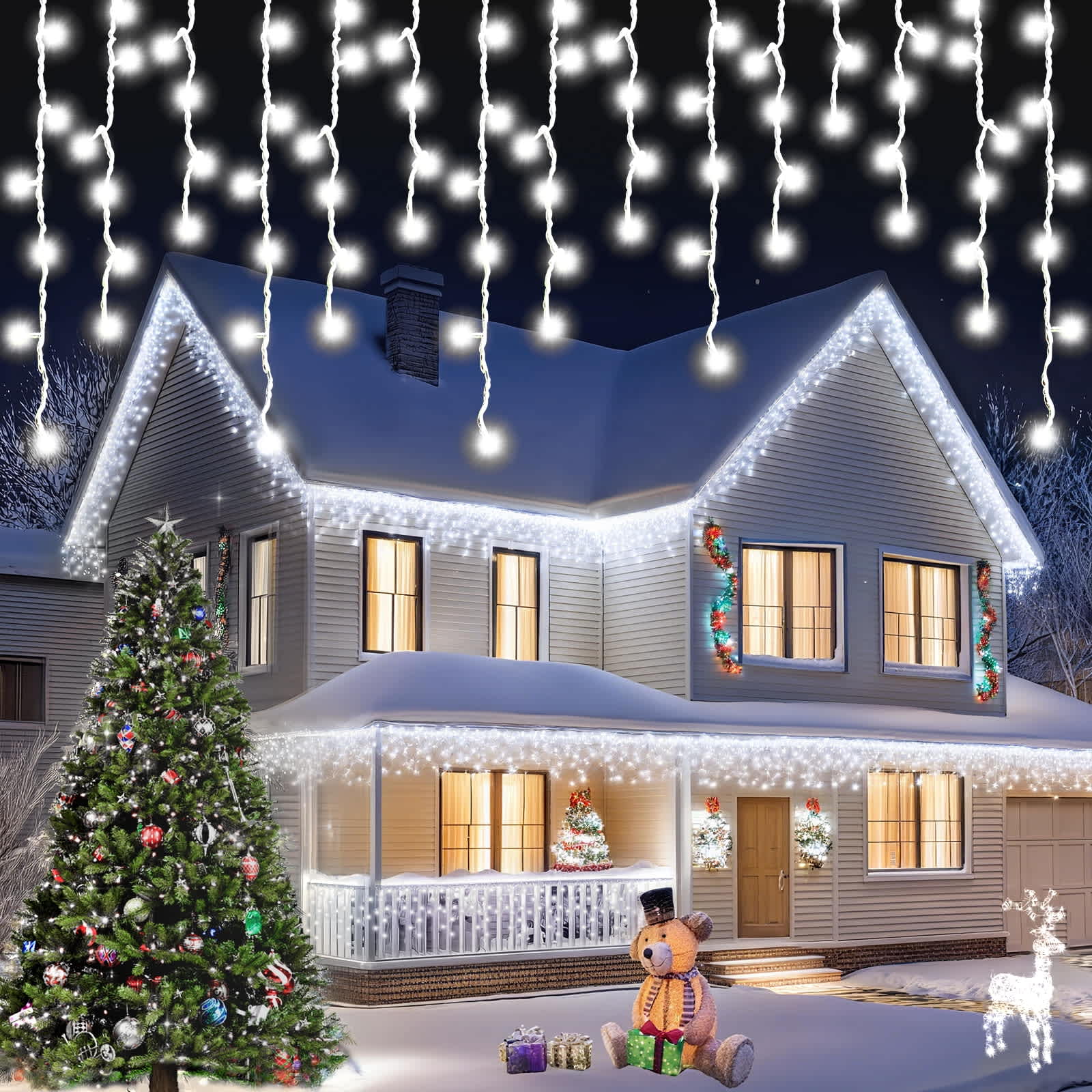 BIGHOUSE BH3003010038 40FT 480 LED Christmas Outdoor Icicle Lights Cool White