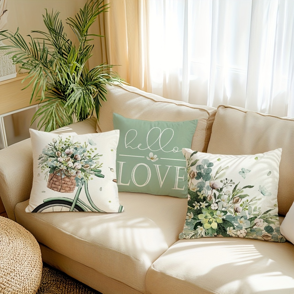 DecorUHome PCGN4P 18x18 Inch Farmhouse Eucalyptus Leaves Throw Pillow Covers  Polyester Zipper Closure  Floral and Bicycle Design for Spring Summer Rustic Decor for Porch Couch Outdoor  Set of 4