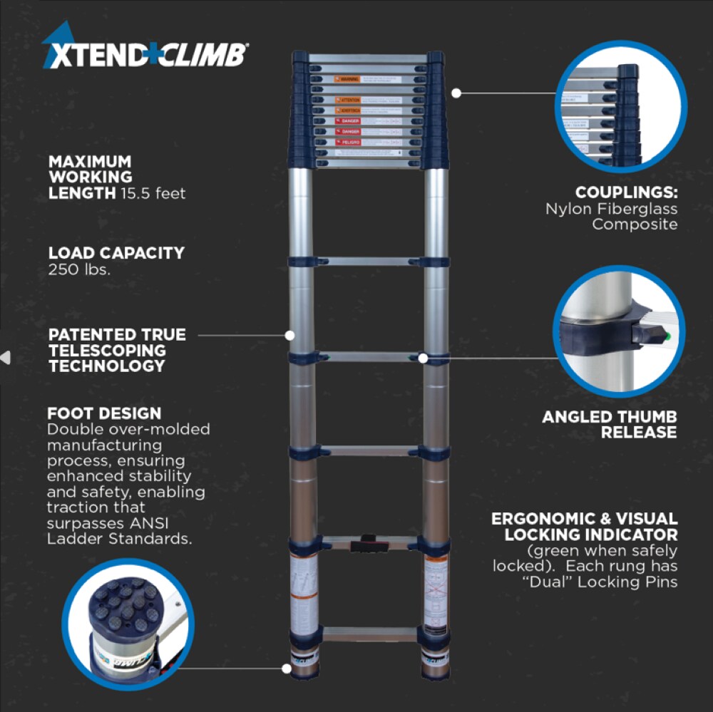 Xtend+Climb ANSI Certified 15.5-ft Aluminum Type 1- 250-lb Load Capacity Telescoping Extension Ladder 785P+ Sansujyuku sansujyuku.com