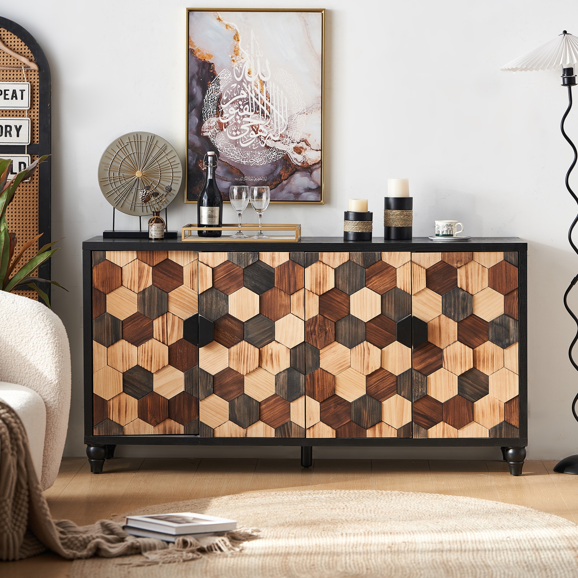 LOVMOR Distressed Storage Cabinet with Honeycomb Pattern Modern