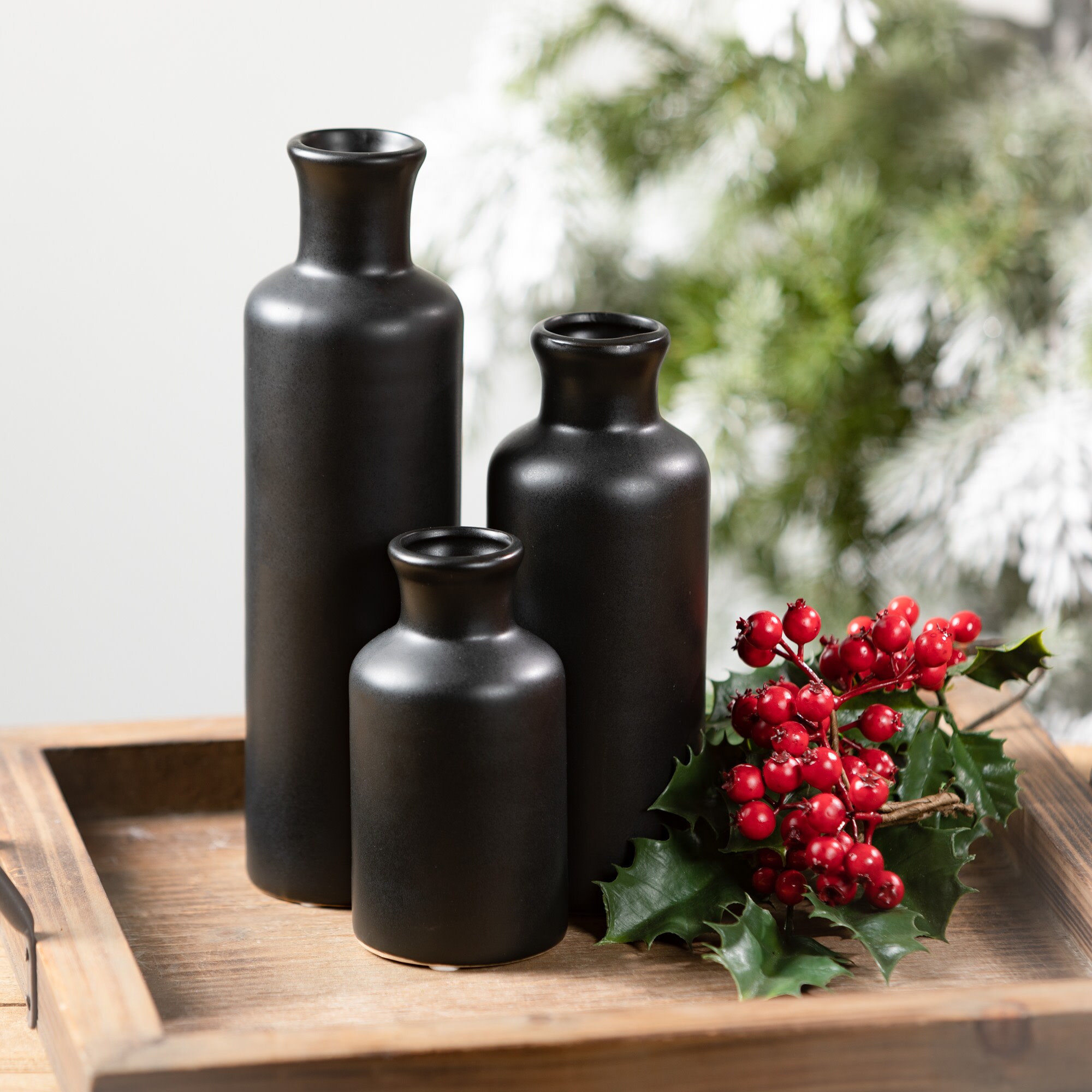 Modern Matte Black Ceramic Vase Trio for Elegant Table Decor